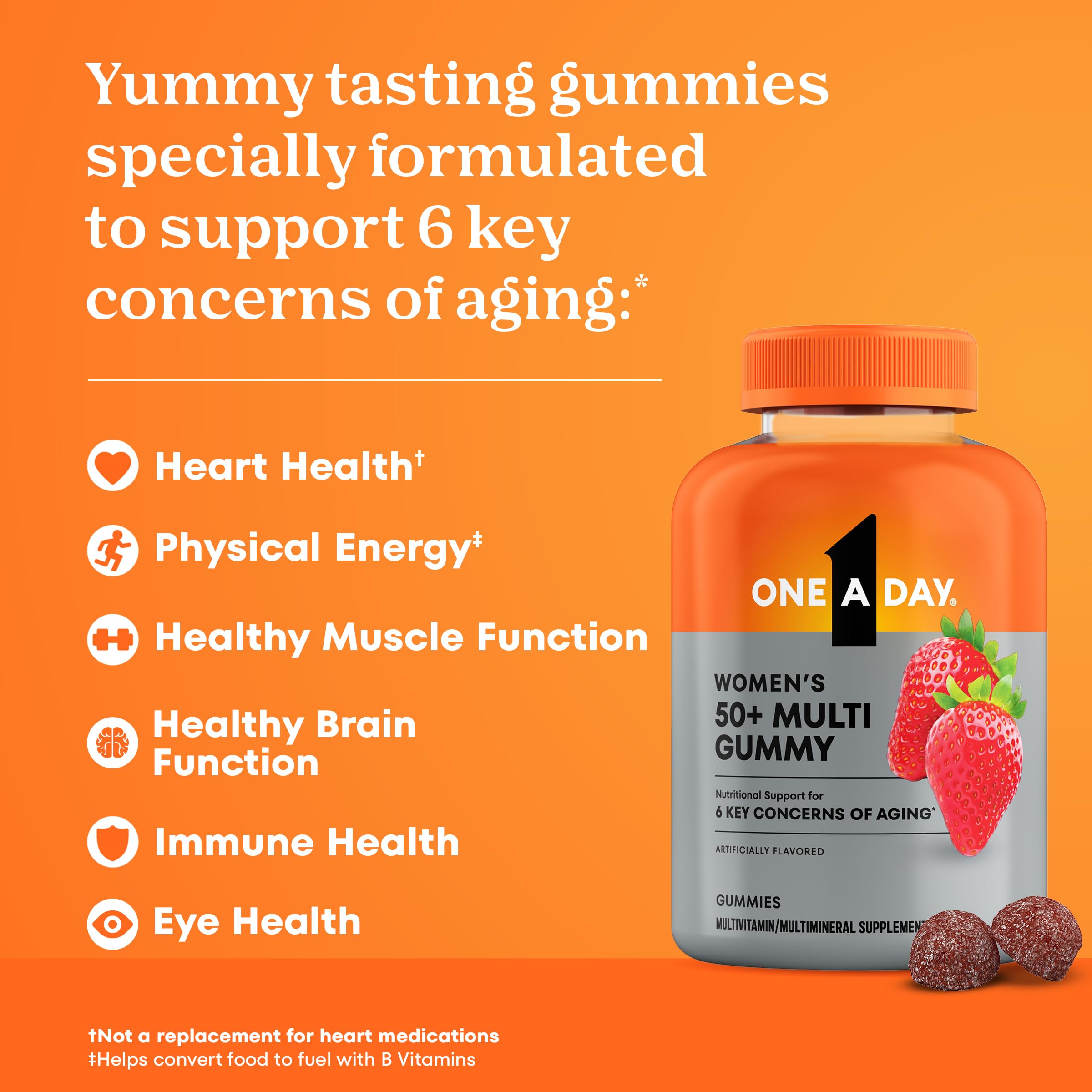 One A Day Women 50+ bottle pouring demonstrates easy daily intake with strawberry flavor