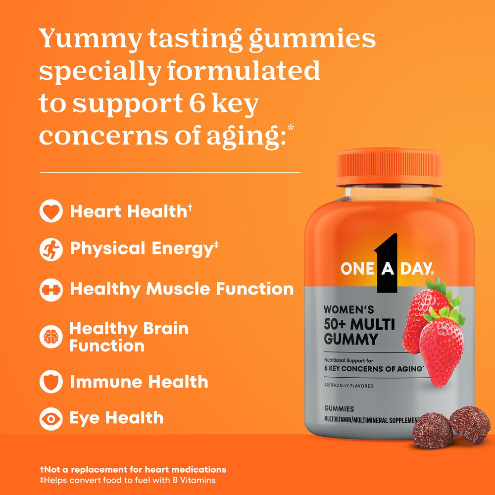 One A Day Women 50+ bottle pouring demonstrates easy daily intake with strawberry flavor