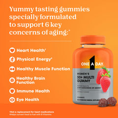 One A Day Women 50+ bottle pouring demonstrates easy daily intake with strawberry flavor