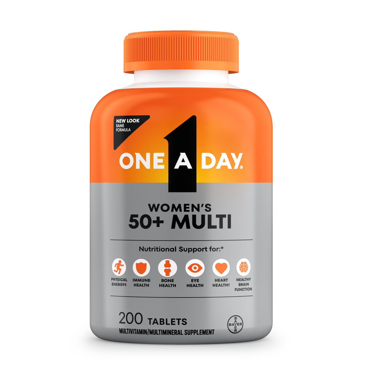 ONE A DAY Women 50+ bottle shown for daily nutrient support in a clean kitchen setting.