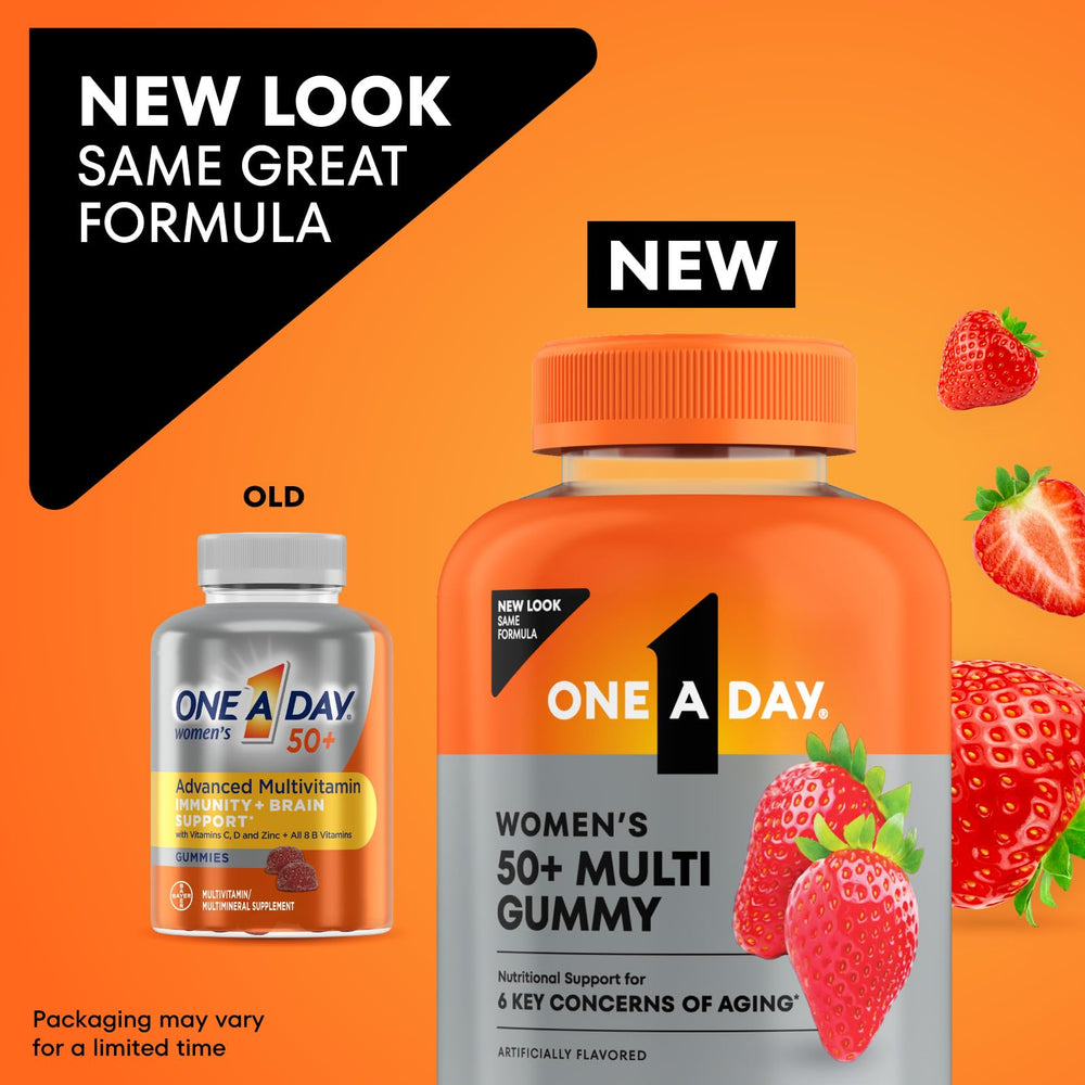 One A Day Women 50+ gummies strawberry close-up shows tasty immune and energy support