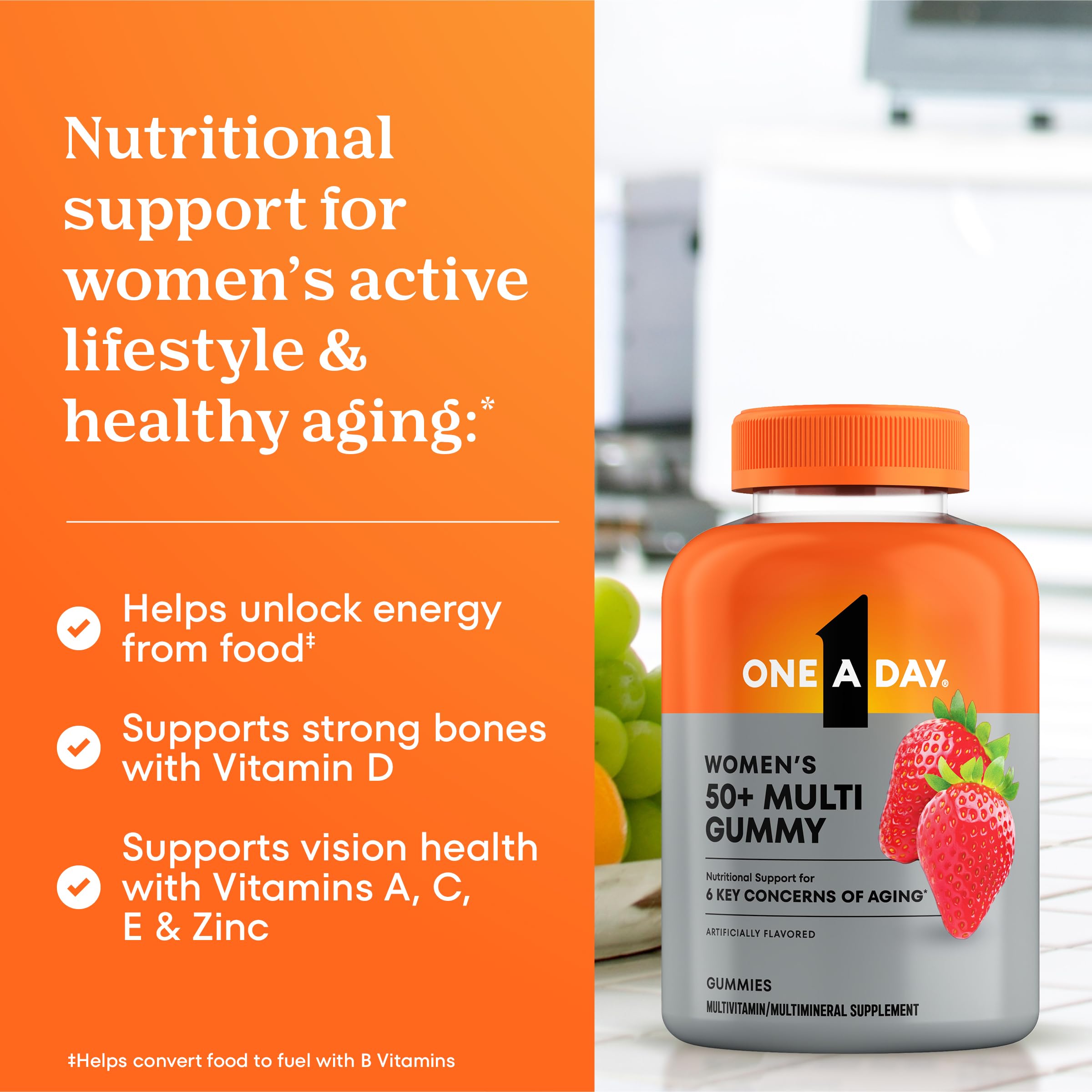 One A Day Women 50+ ingredients-label close-up underscores essential vitamins and minerals for aging needs