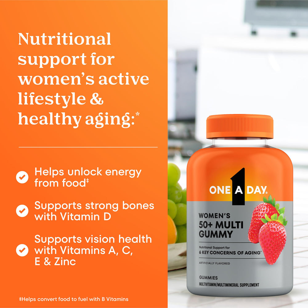 One A Day Women 50+ ingredients-label close-up underscores essential vitamins and minerals for aging needs