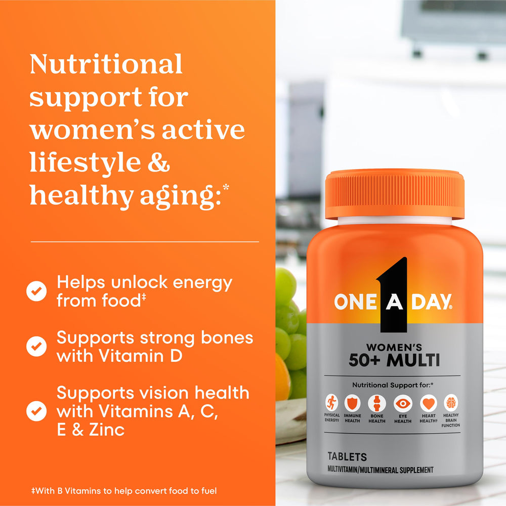 Packaging of ONE A DAY 50+ emphasizes vitamins A, C, D and B vitamins.