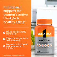 Packaging of ONE A DAY 50+ emphasizes vitamins A, C, D and B vitamins.