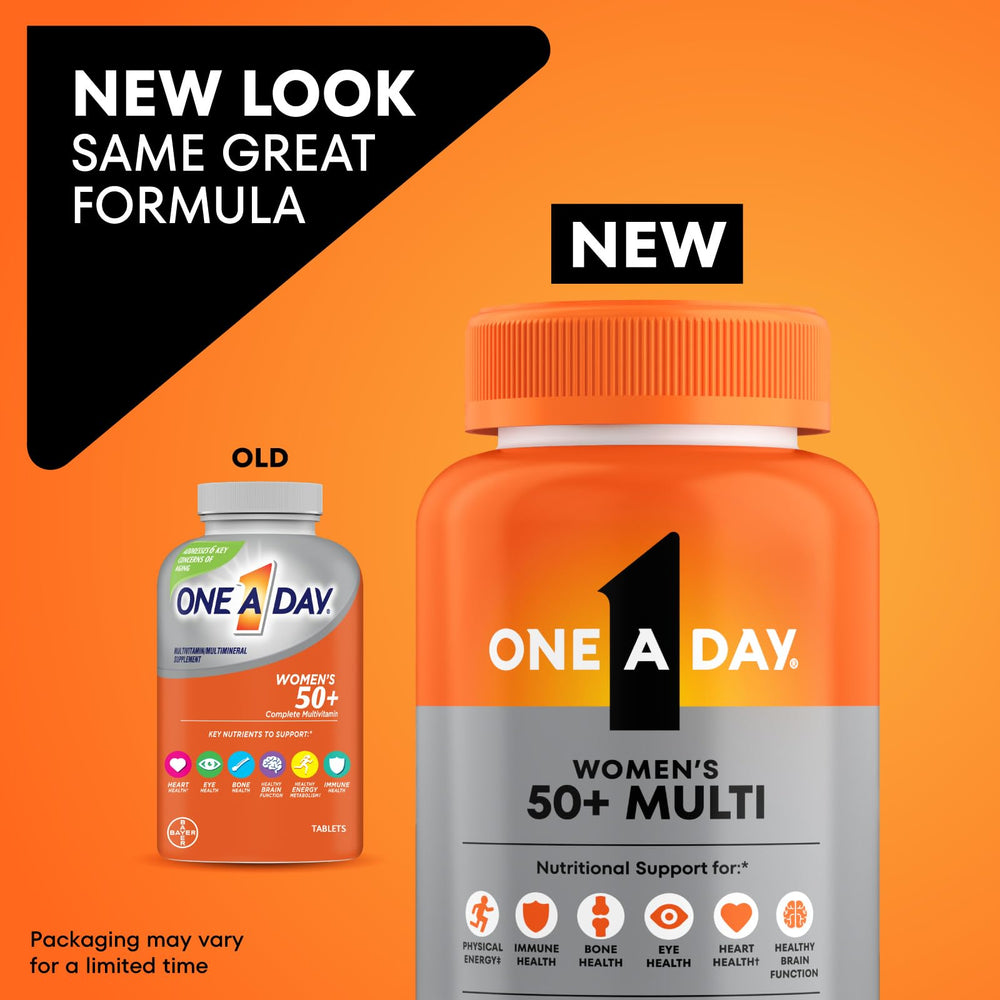 Close-up of ONE A DAY 50+ tablets highlighting essential vitamins and minerals.