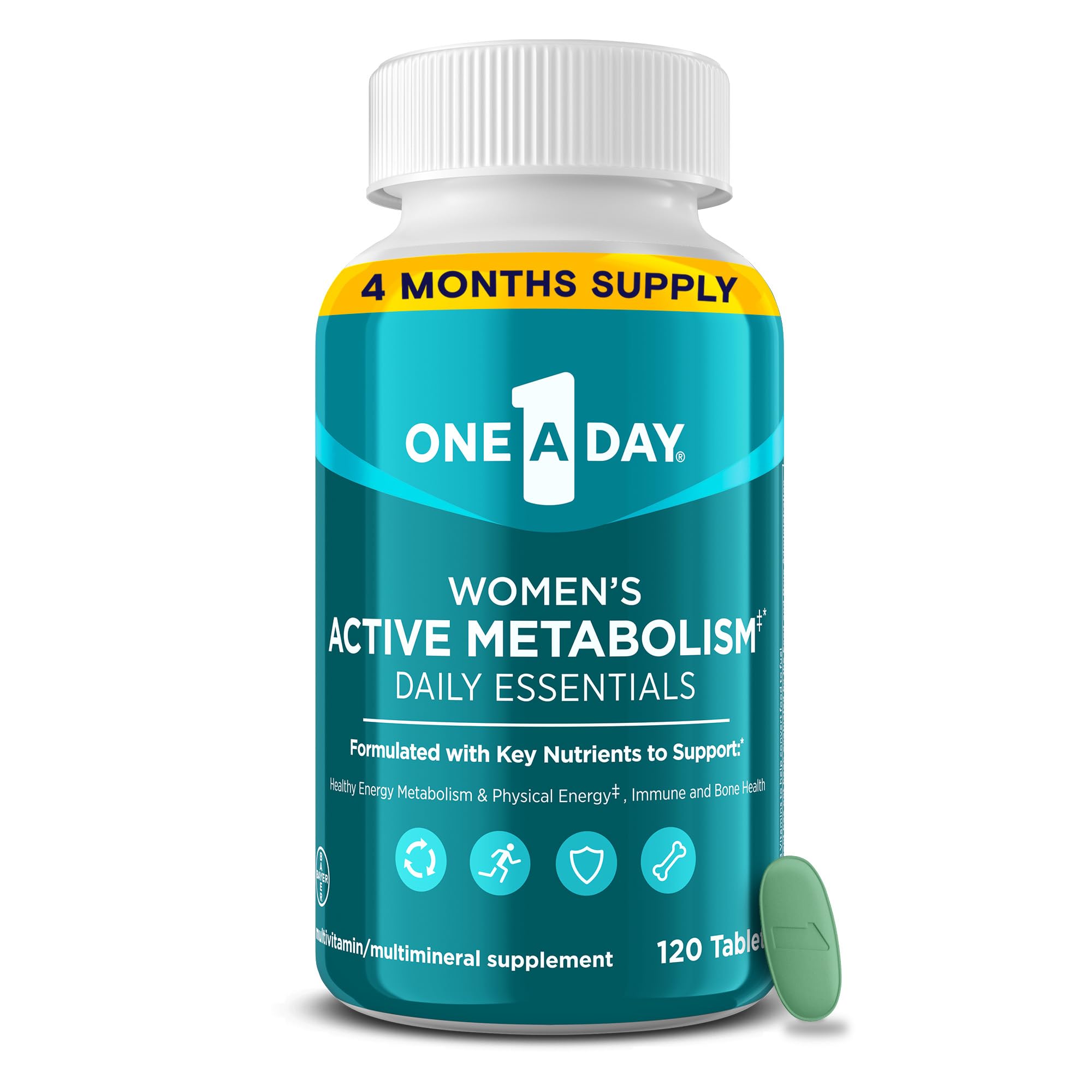 One A Day Women’s Active Metabolism bottle front view showing label and design benefits.