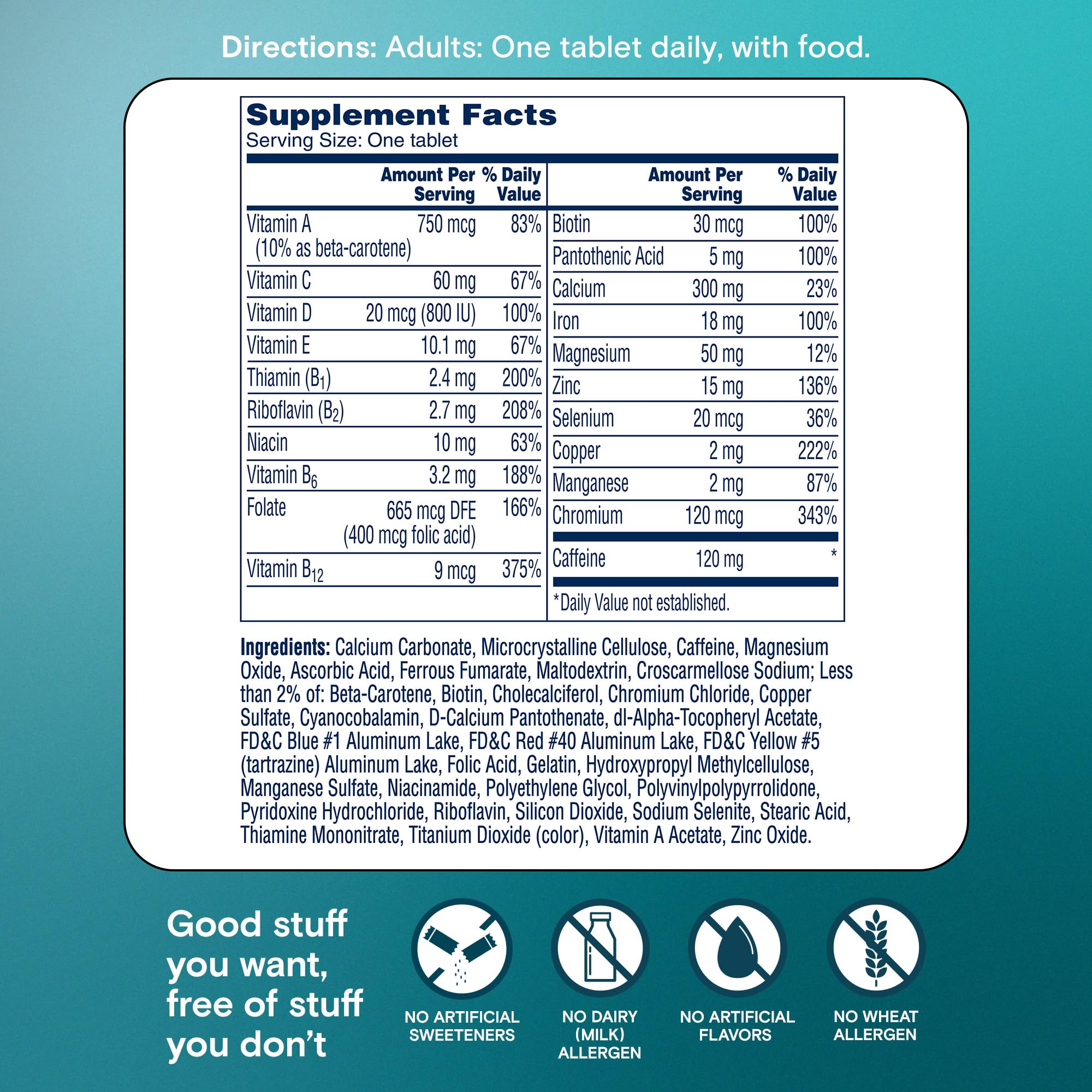 Bottle label of One A Day Active Metabolism with essential nutrients listed.