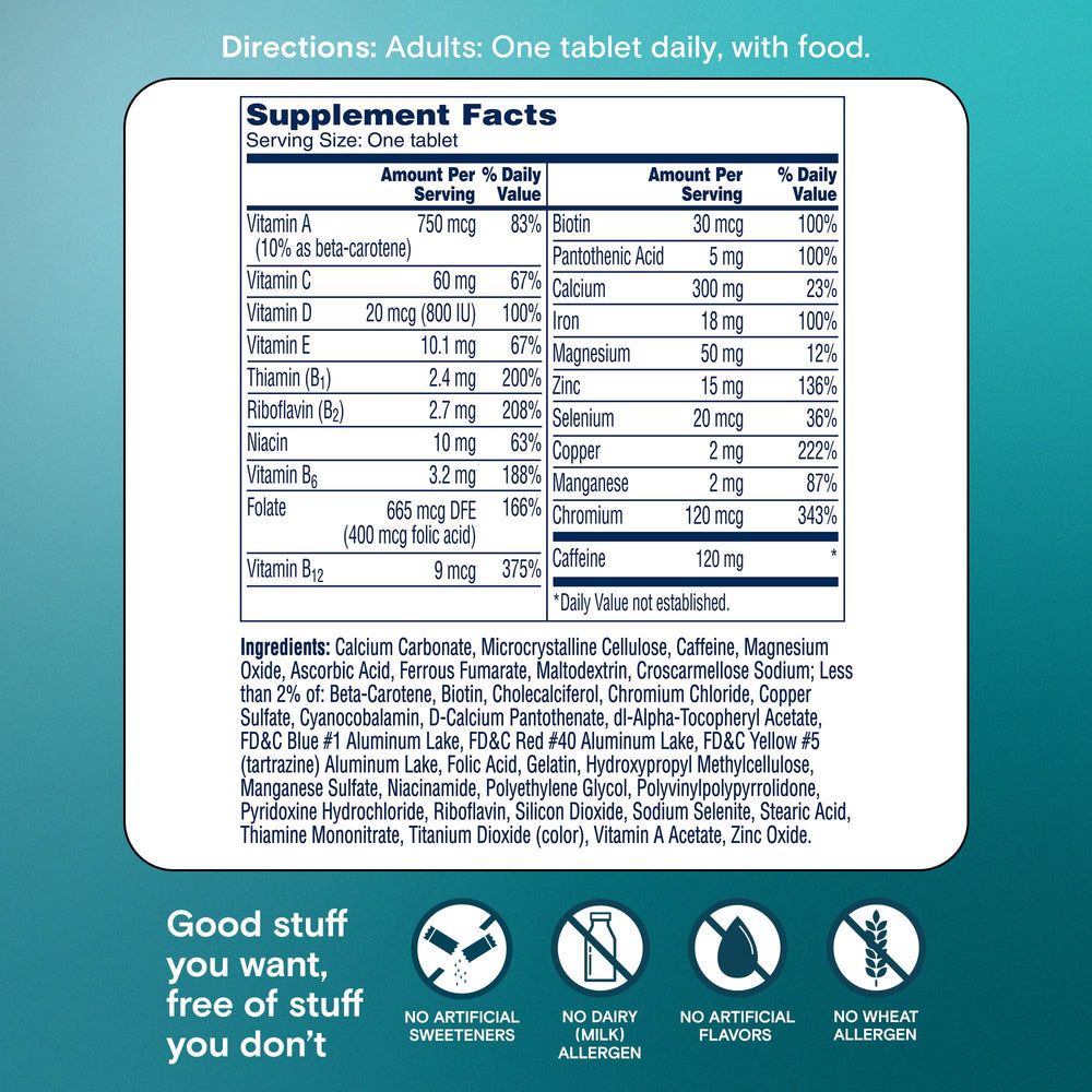 Bottle label of One A Day Active Metabolism with essential nutrients listed.