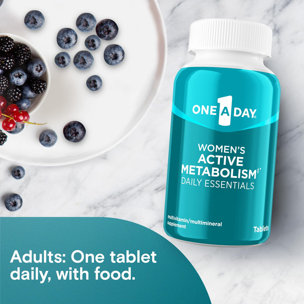Pouring One A Day tablets into hand demonstrates easy daily routine.