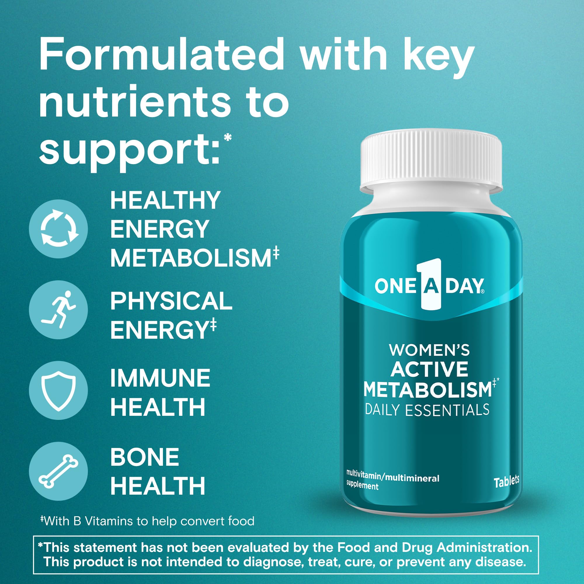 Close-up of One A Day tablets highlighting B vitamins for energy metabolism.