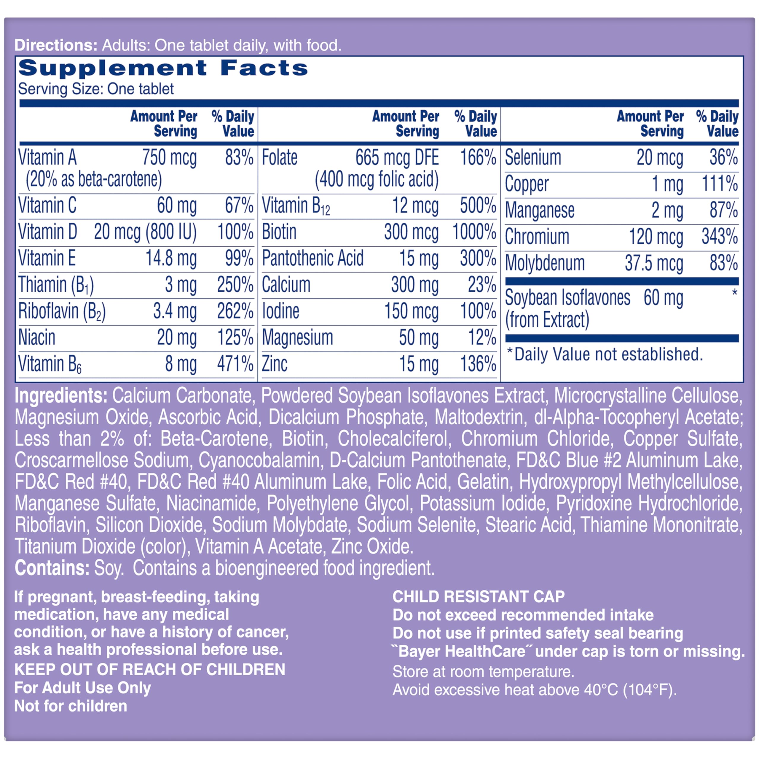 One A Day Women's Menopause Multivitamin label closeup highlighting vitamins.