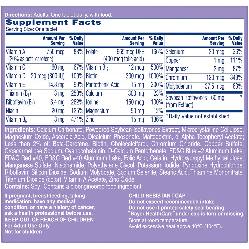 One A Day Women's Menopause Multivitamin label closeup highlighting vitamins.