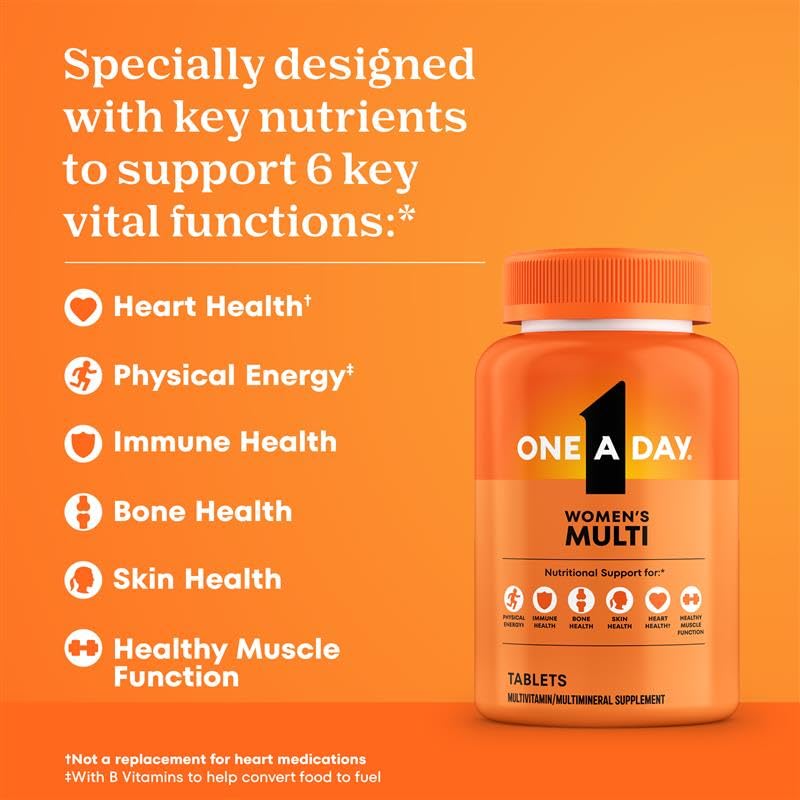 One A Day Women’s Multivitamin tablet close-up illustrating immune and bone support