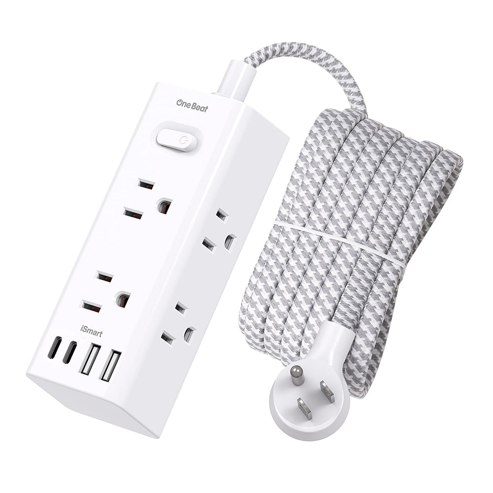 One Beat 10ft extension cord with flat plug powering devices behind furniture
