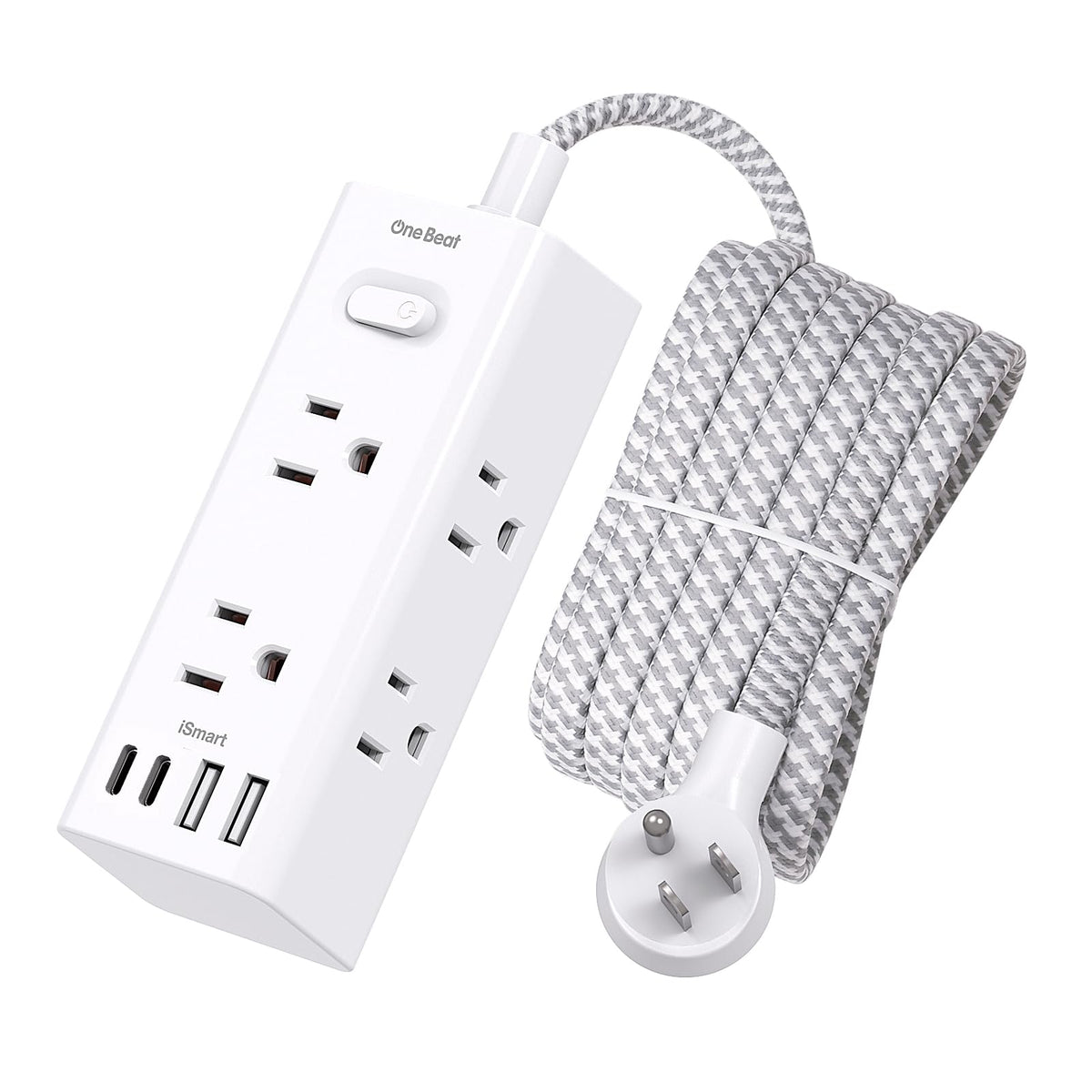 One Beat 10ft extension cord with flat plug powering devices behind furniture