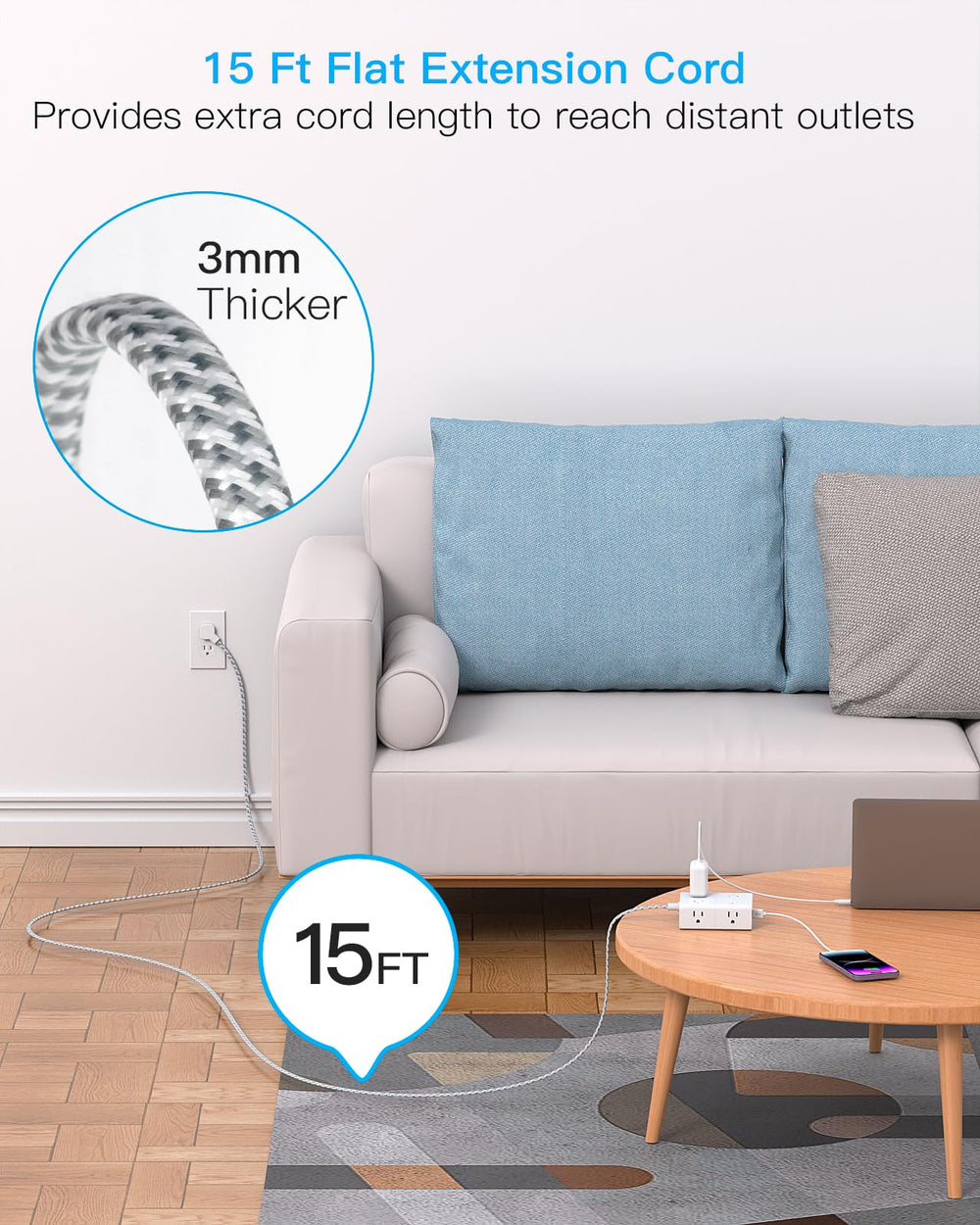 One Beat 15 ft braided cord provides reach for desks and dorm setups