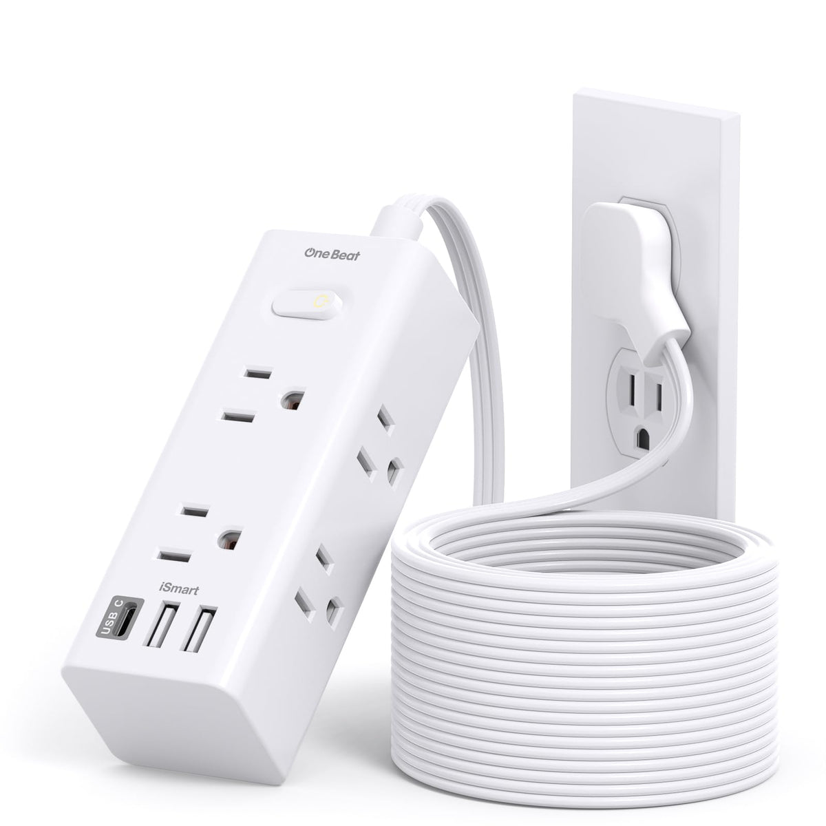 One Beat 15ft flat extension cord with slim plug for discreet behind-furniture use