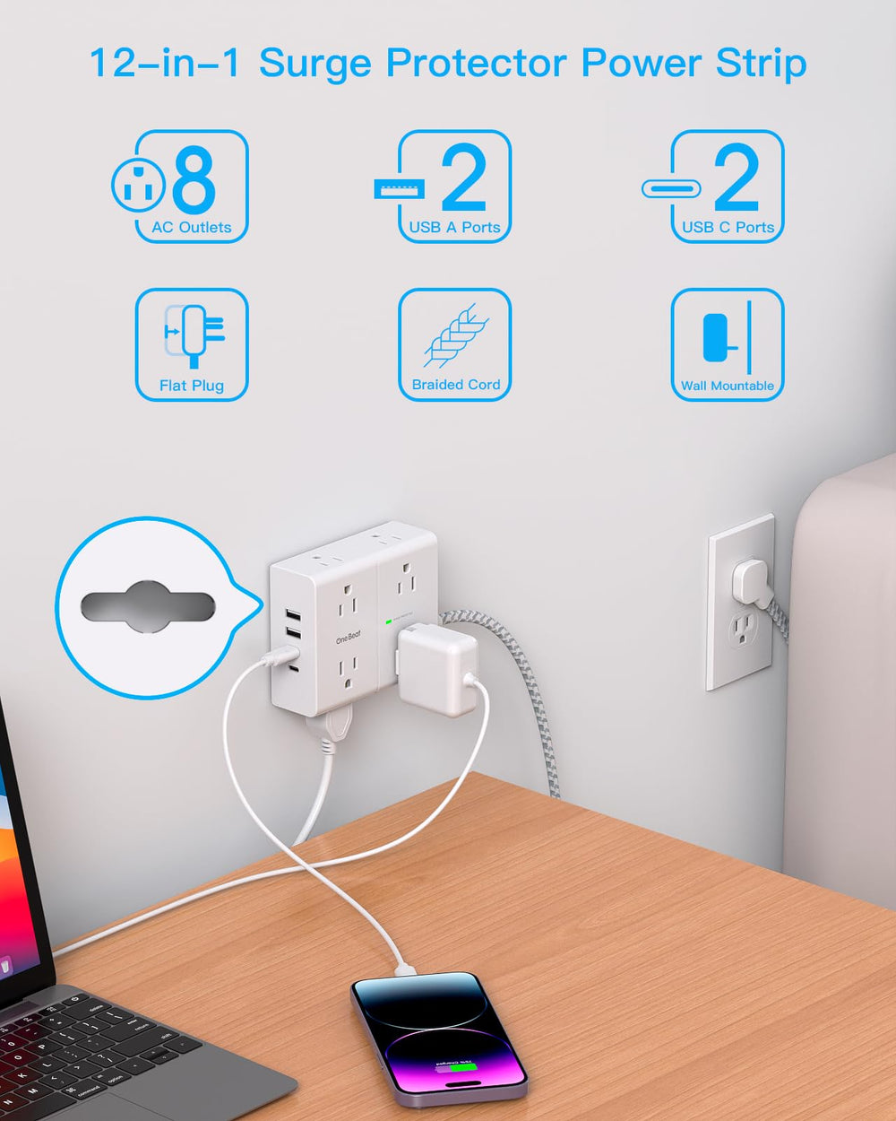 One Beat flat plug design keeps outlets accessible and wires neat