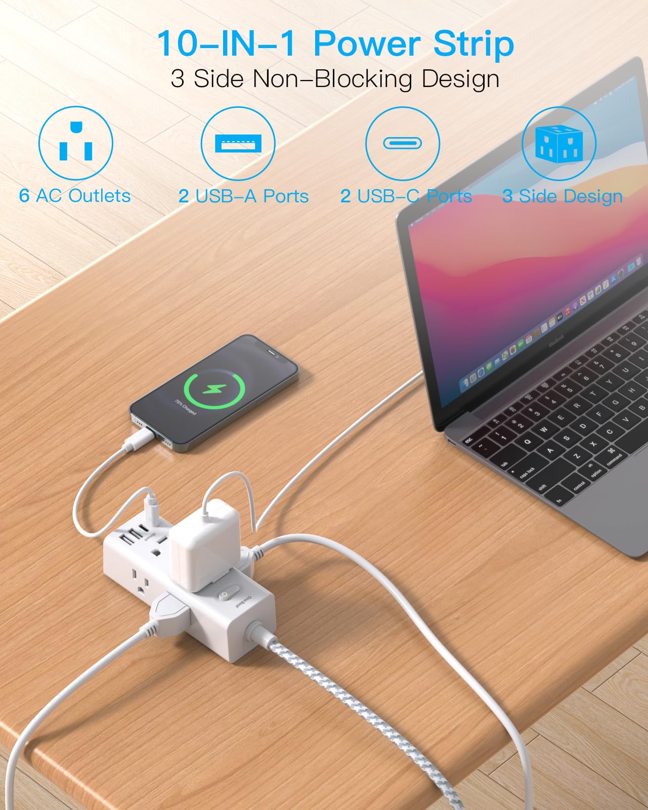 One Beat flat plug power strip side angle—fits tight spaces.