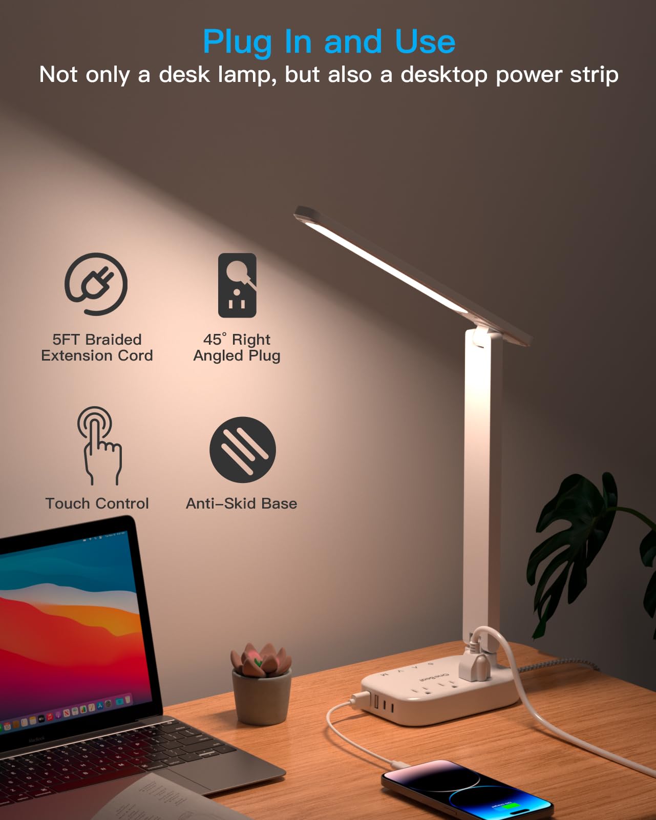 One Beat LED desk lamp foldable arm highlights compact workspace saving design.