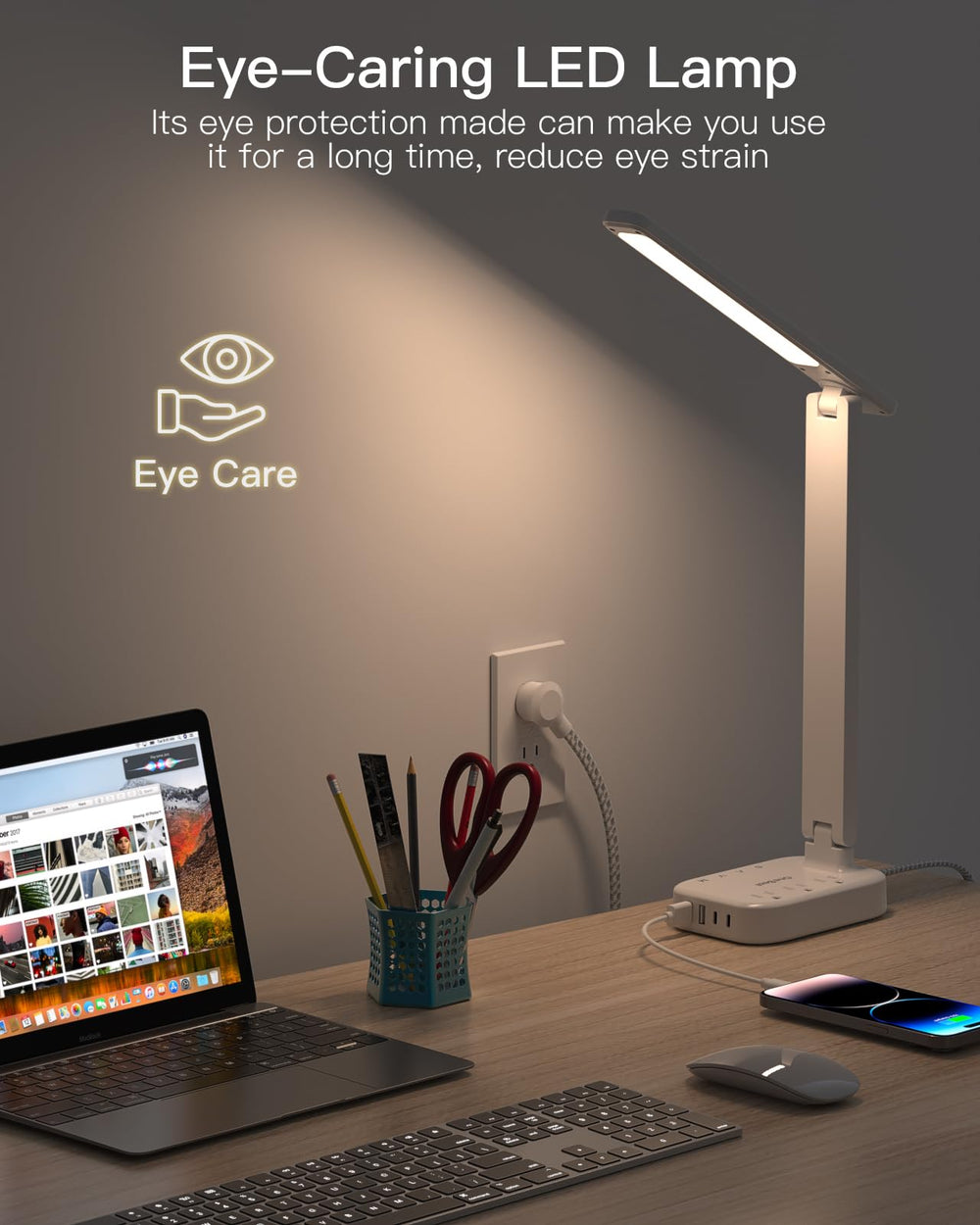 One Beat office desk arrangement featuring three outlets and USB ports for devices.
