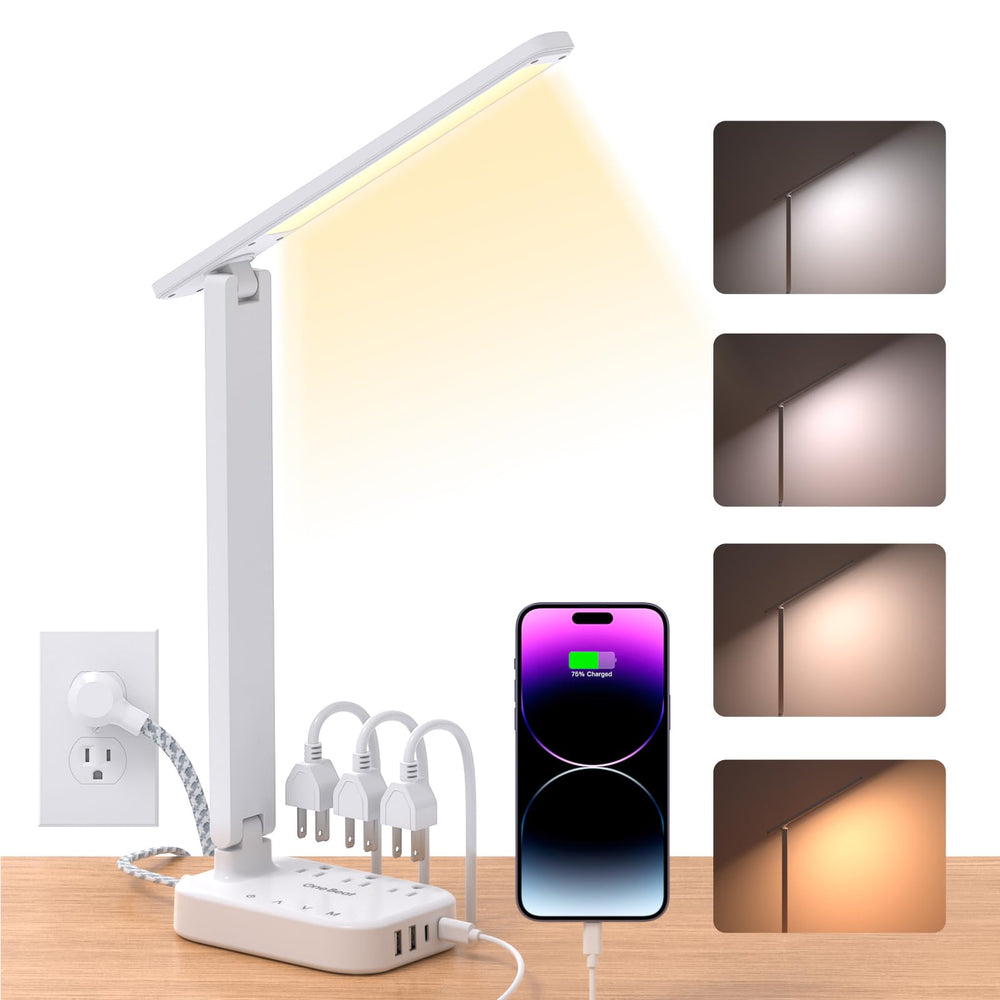 One Beat LED desk lamp with power strip front view and multiple outlets for charging.