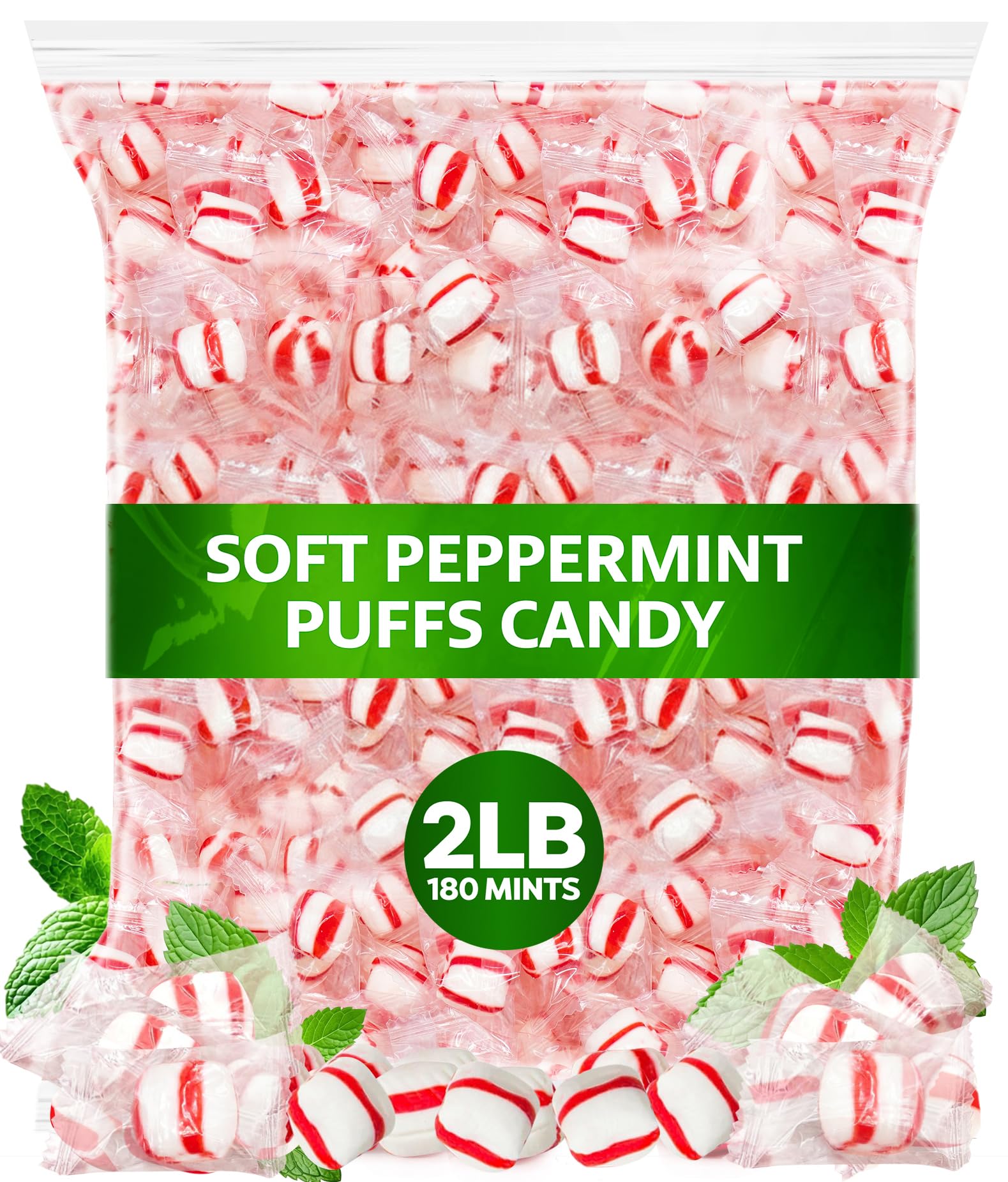 ONE CANDY WAY Soft Peppermint Puffs 2lb bag on a kitchen counter for sharing