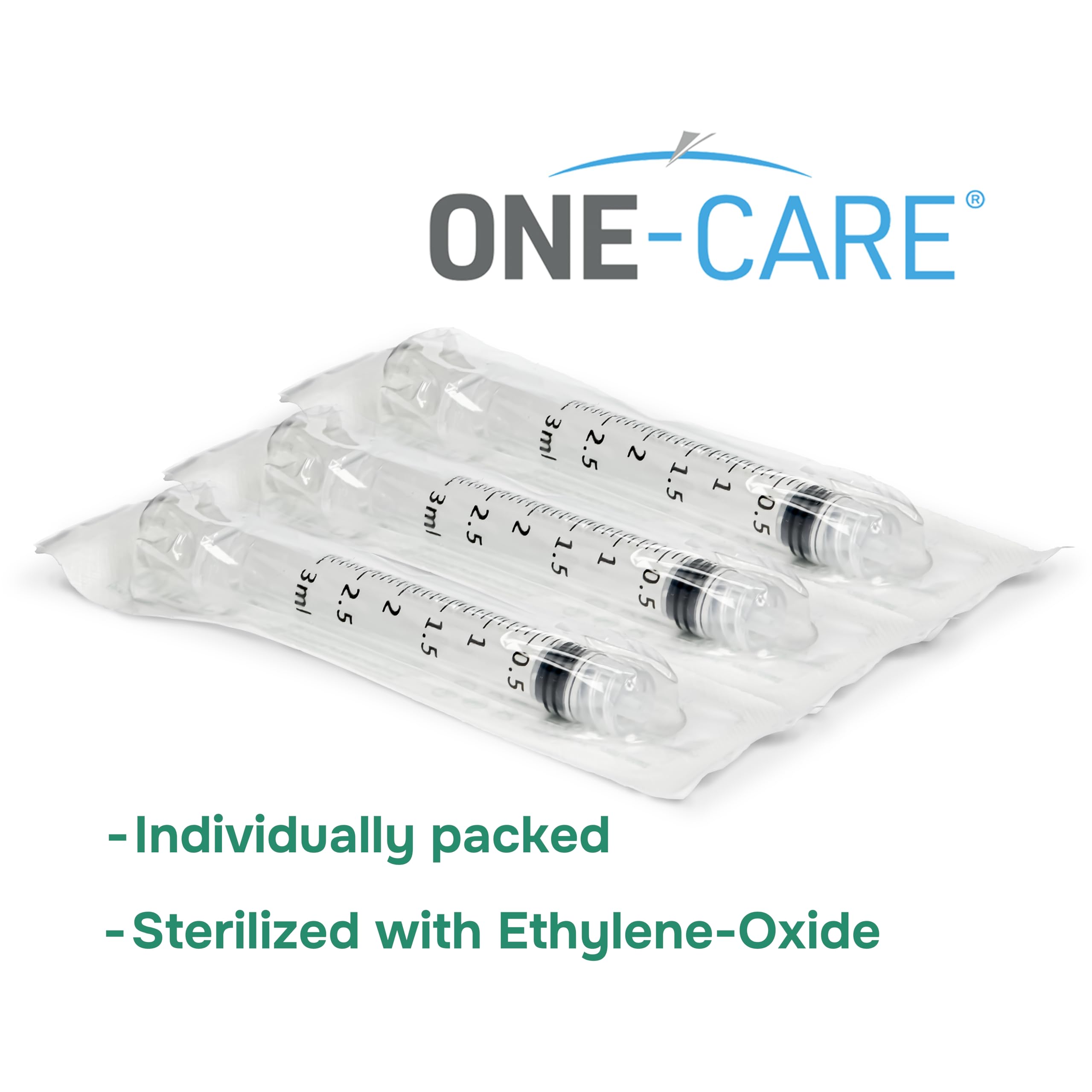 ONE-CARE sterile syringes come in a box of 100 for reliable supply.