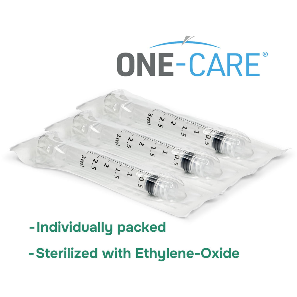ONE-CARE sterile syringes come in a box of 100 for reliable supply.