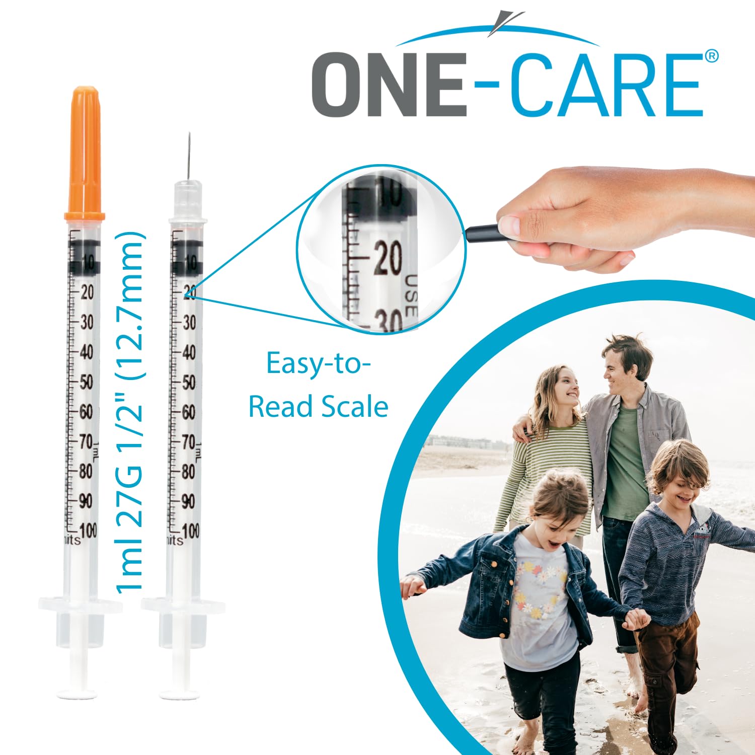 Close-up of graduation markings on ONE-CARE syringe barrel