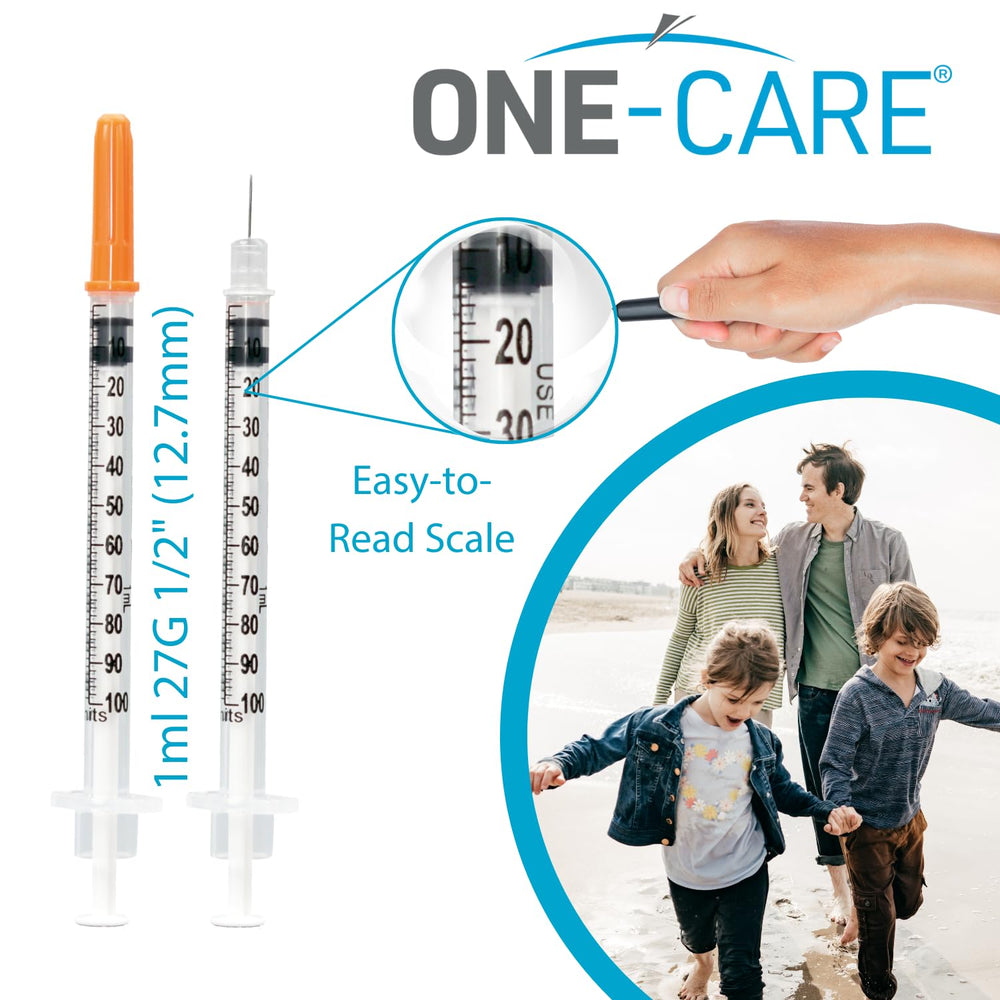 Close-up of graduation markings on ONE-CARE syringe barrel