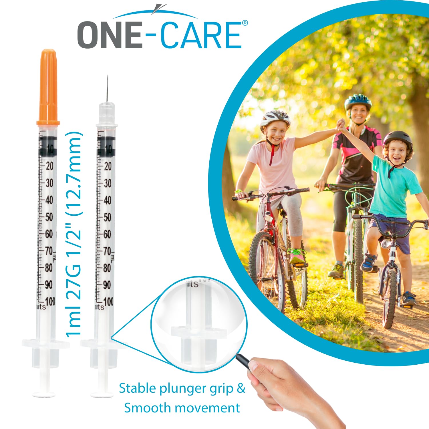ONE-CARE box packaging showing 100 syringes per box