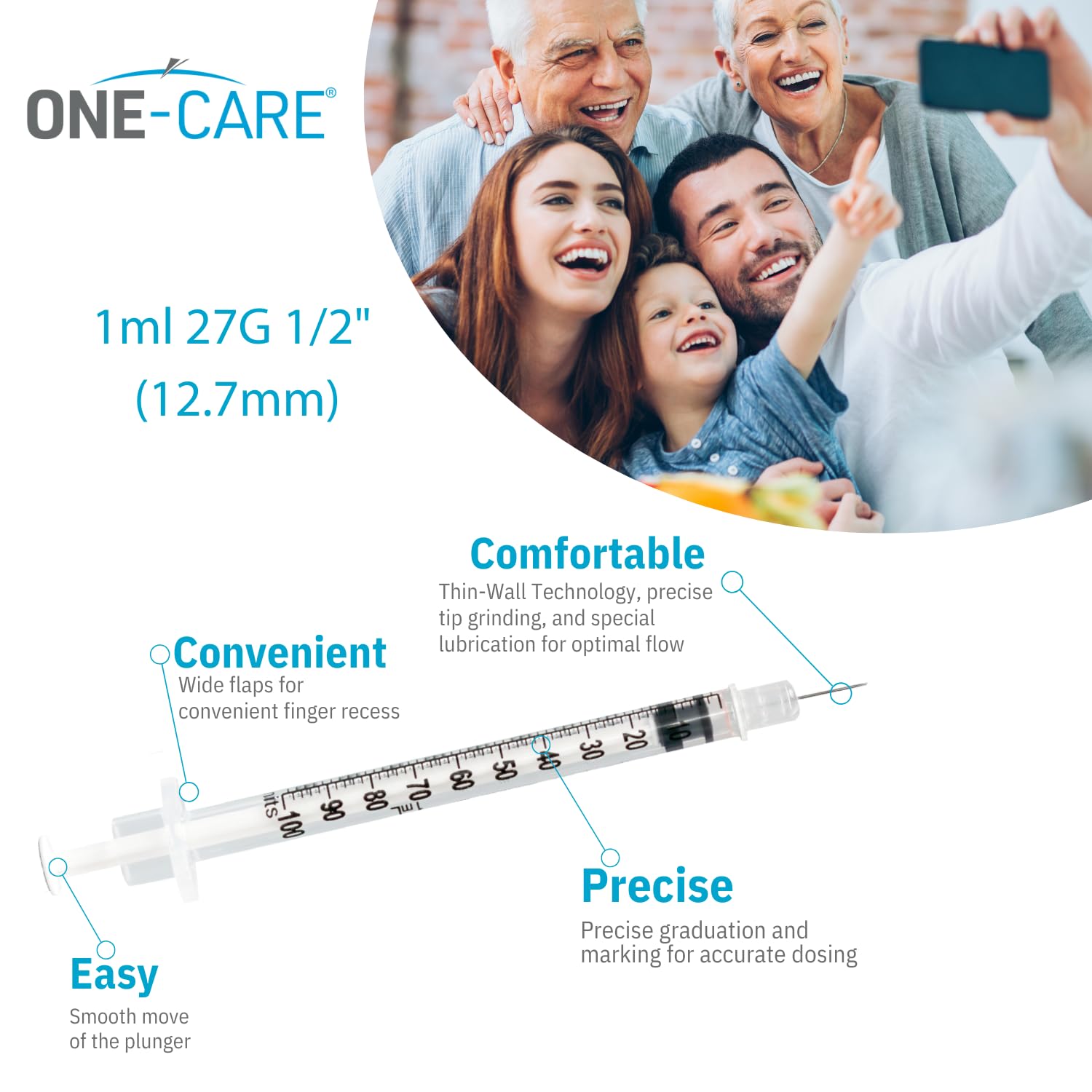 ONE-CARE syringe demonstrating smooth, one-handed operation