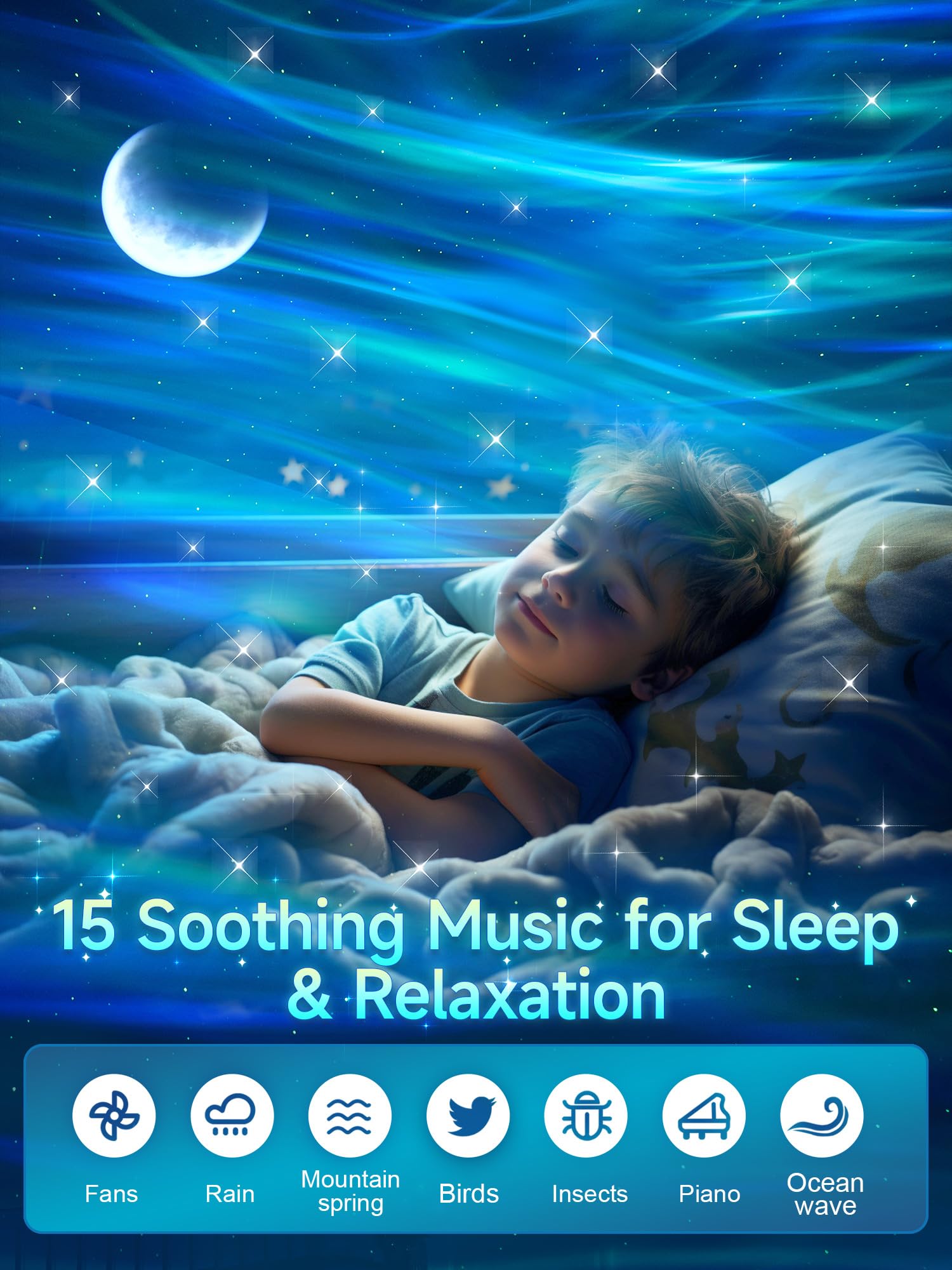 One Fire projector offers fifteen soothing sounds for peaceful nights.