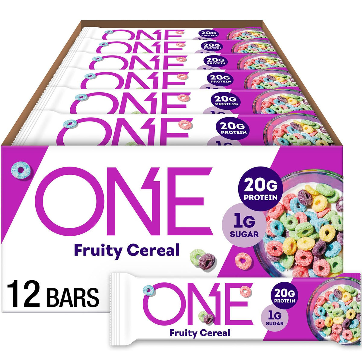 ONE Fruity Cereal bar packaging, a gluten-free protein snack for on-the-go.