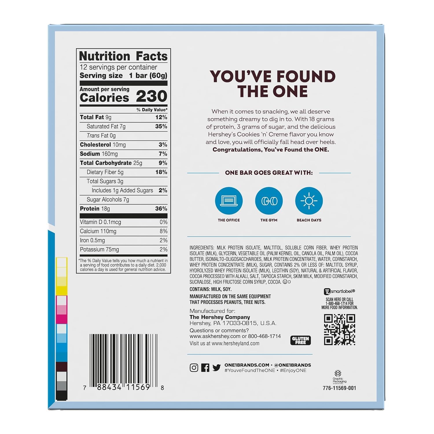 ONE Protein Bar cookies n creme packaging showing gluten free label for on-the-go snacking