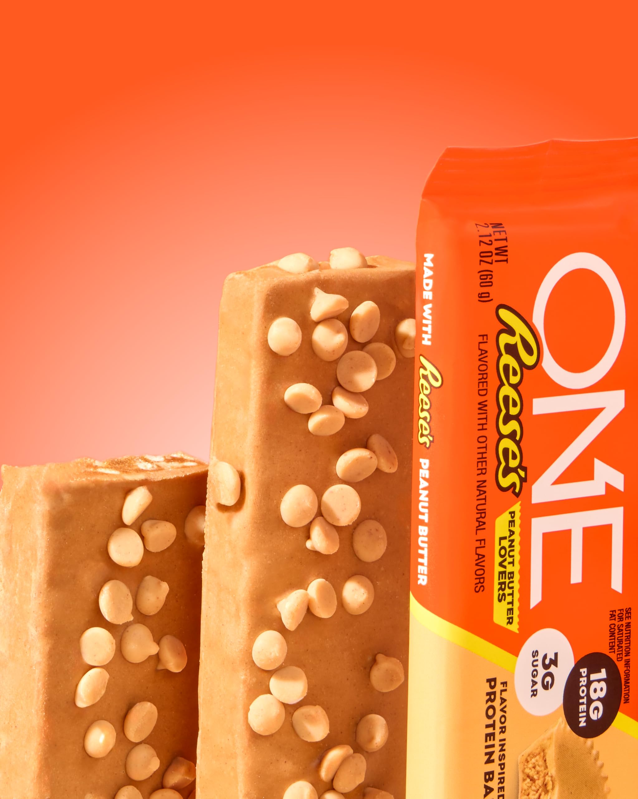Close-up of protein and sugar graphics on ONE Reese's bar
