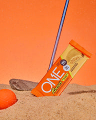 ONE protein bars gluten-free label on wrapper during travel