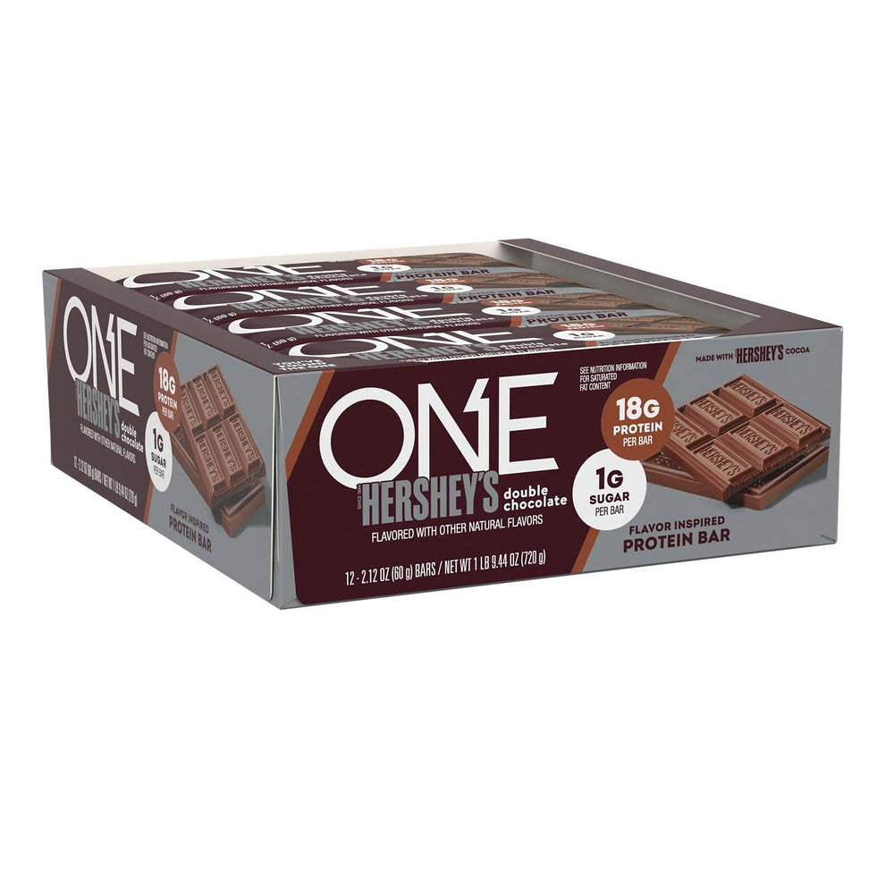 ONE Protein Bars Hershey's Double Chocolate bar for on-the-go protein.