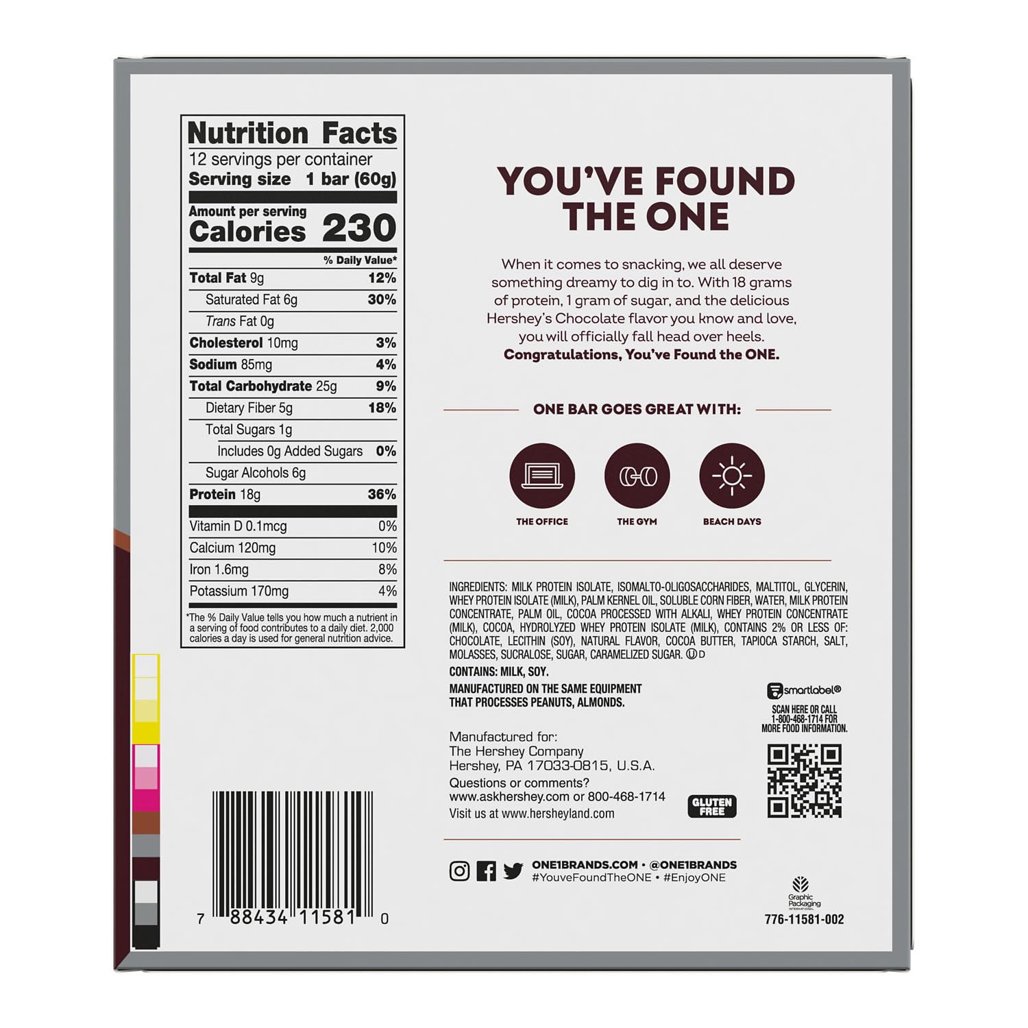 ONE Protein Bars Hershey's Double Chocolate packaging highlighting gluten-free formula and 18g protein per bar.