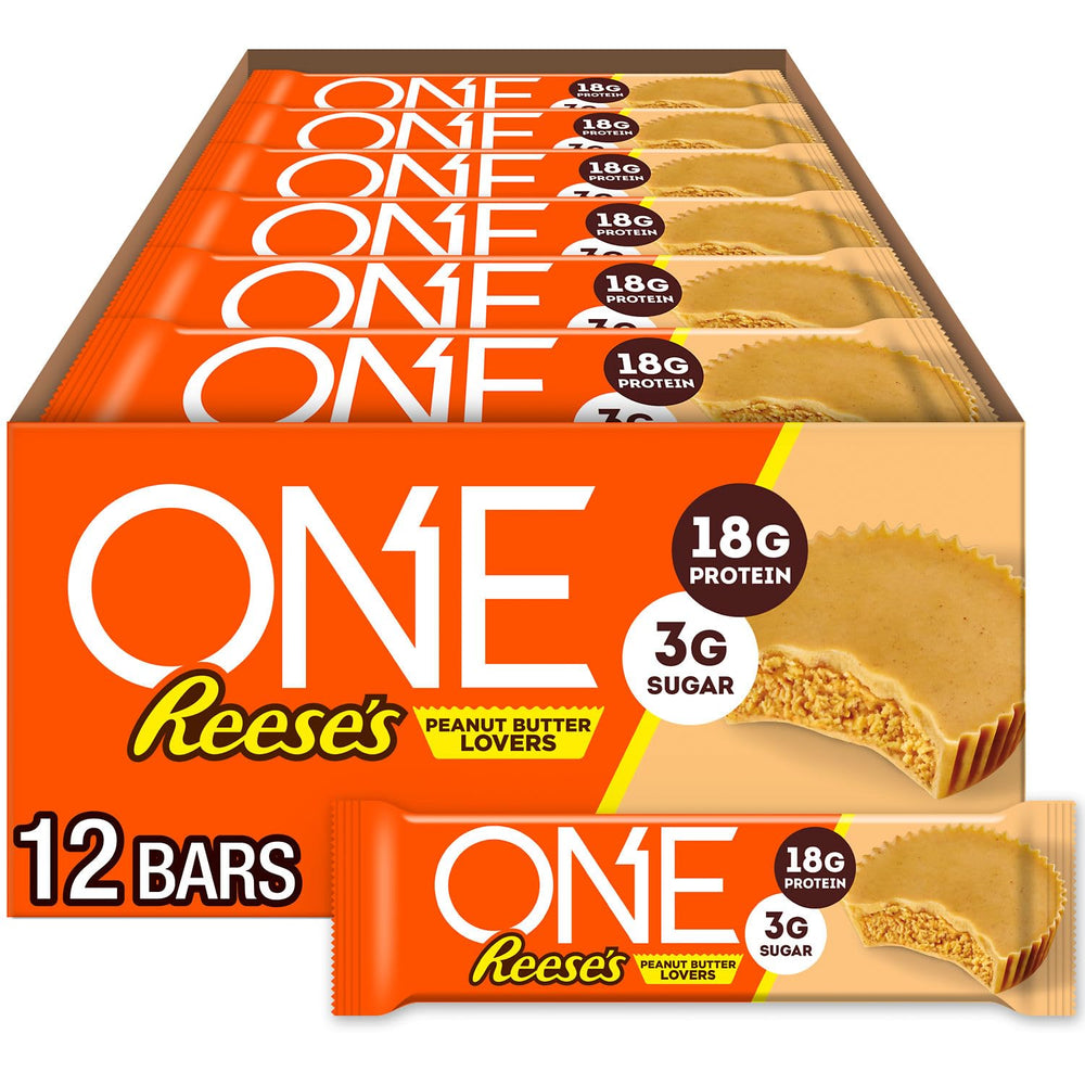 ONE Reese's Peanut Butter Lovers bar close-up showing rich peanut butter flavor and 18g protein