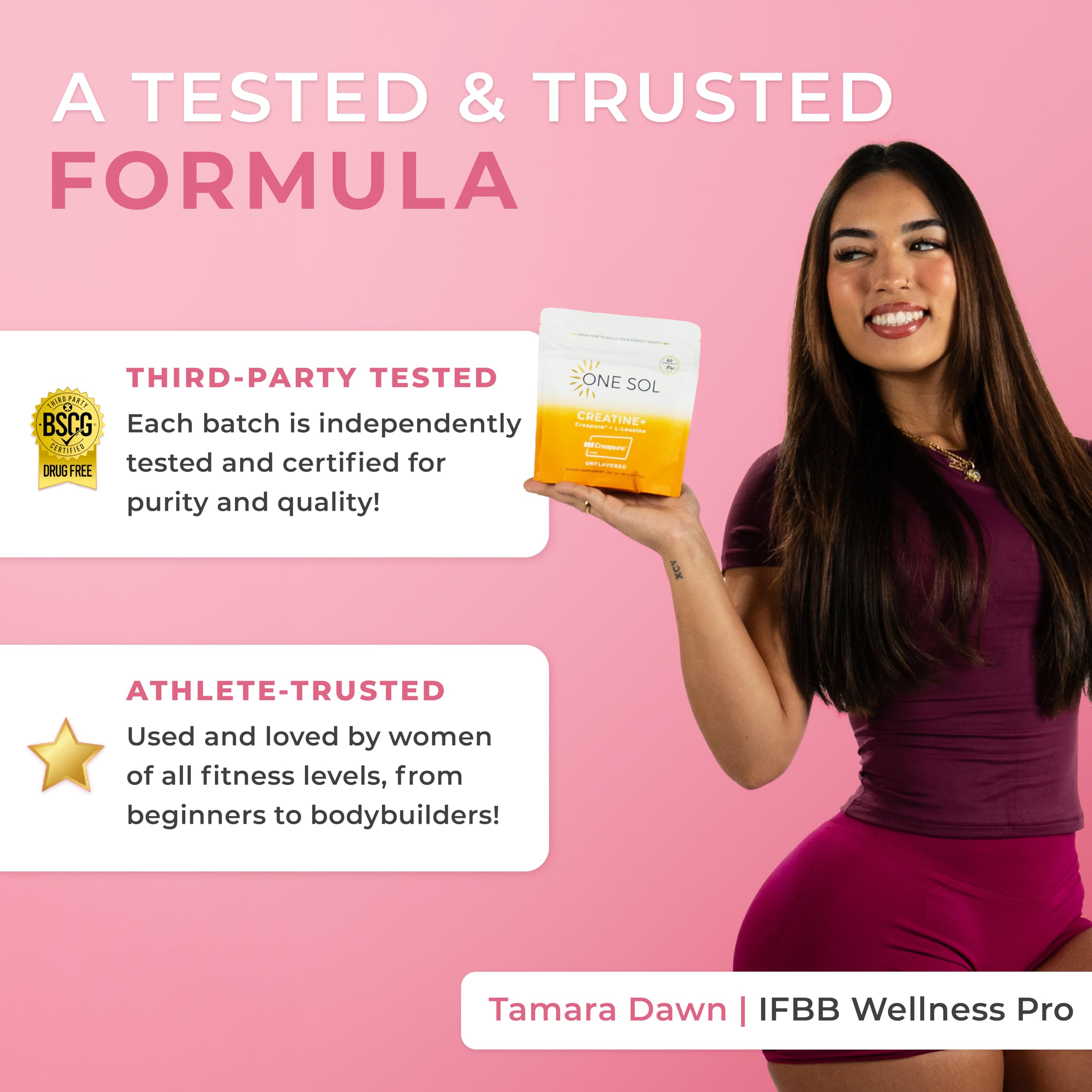 Label on One Sol Creatine for Women highlighting Creapure and leucine