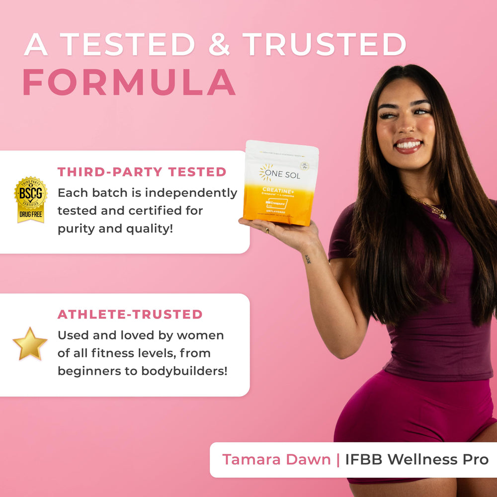 Label on One Sol Creatine for Women highlighting Creapure and leucine