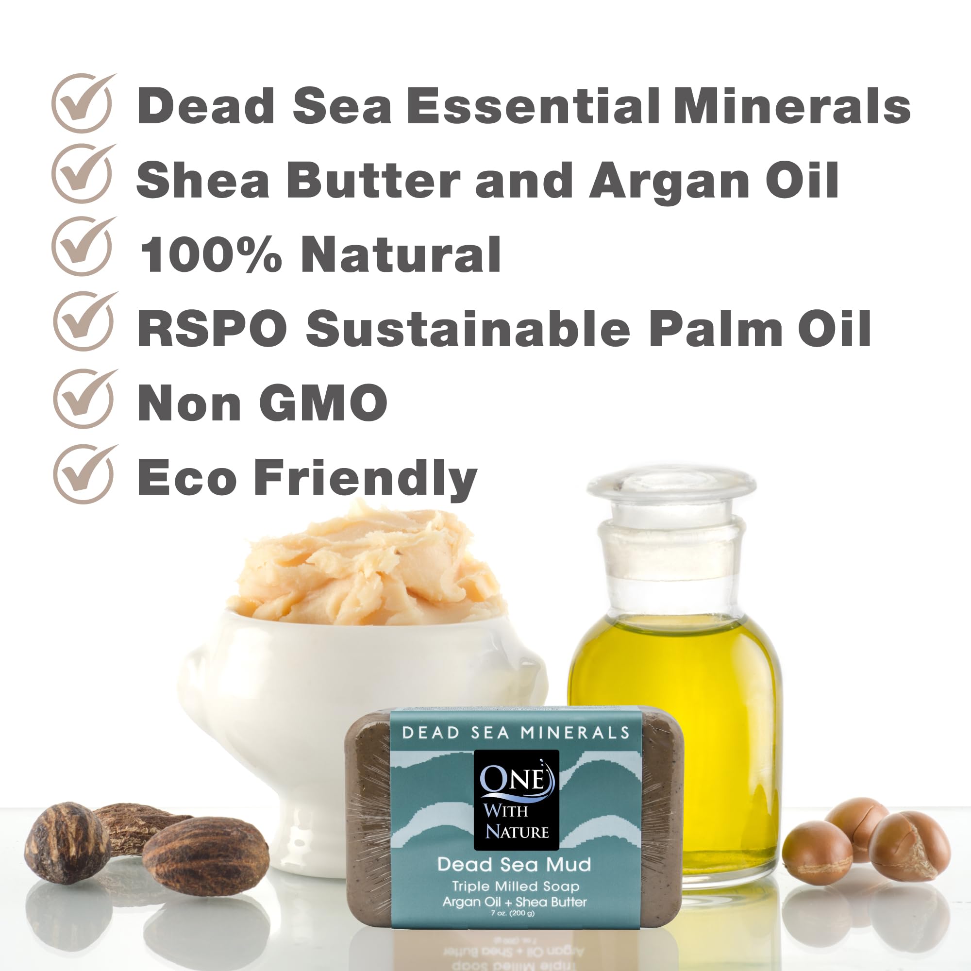 One With Nature Dead Sea Mud Soap Bar with shea butter illustrating nourishing moisture for balanced skin.