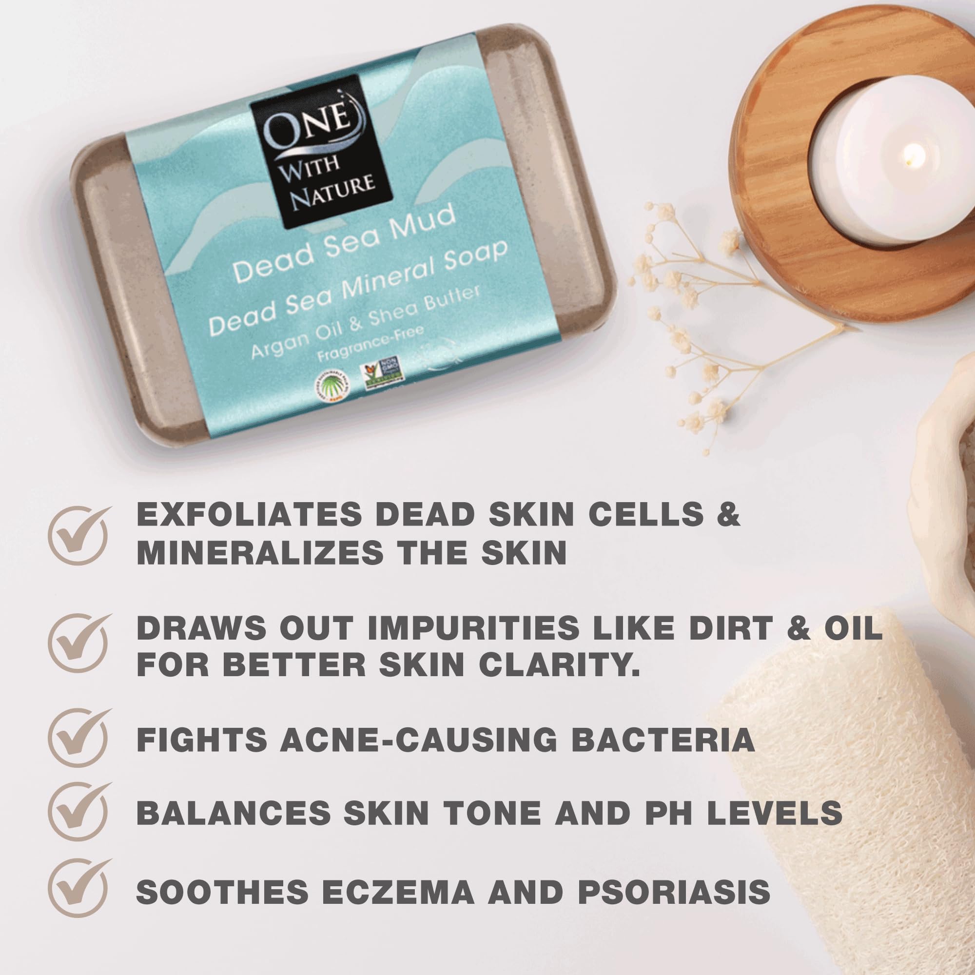 One With Nature Dead Sea Mud Soap Bar unscented packaging highlighting fragrance-free cleansing for sensitive skin.