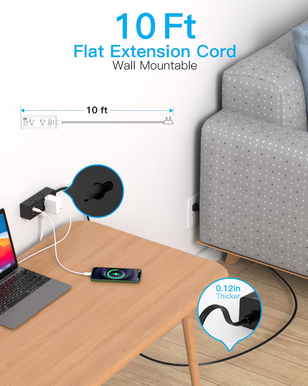 One Beat 10 ft flat extension cord demonstrates reach to distant outlets.