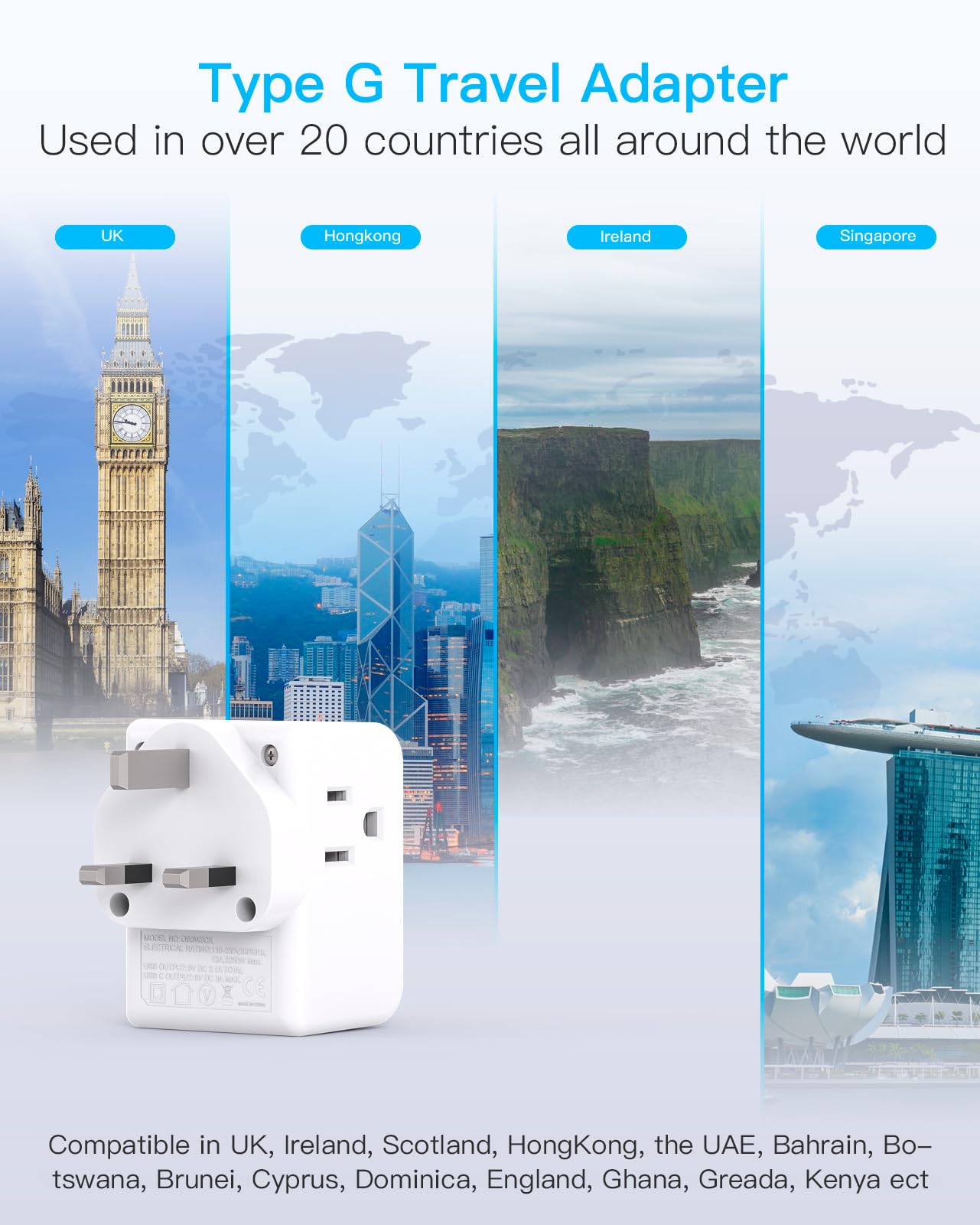 One Beat travel adapter in use with UK outlet in hotel room.