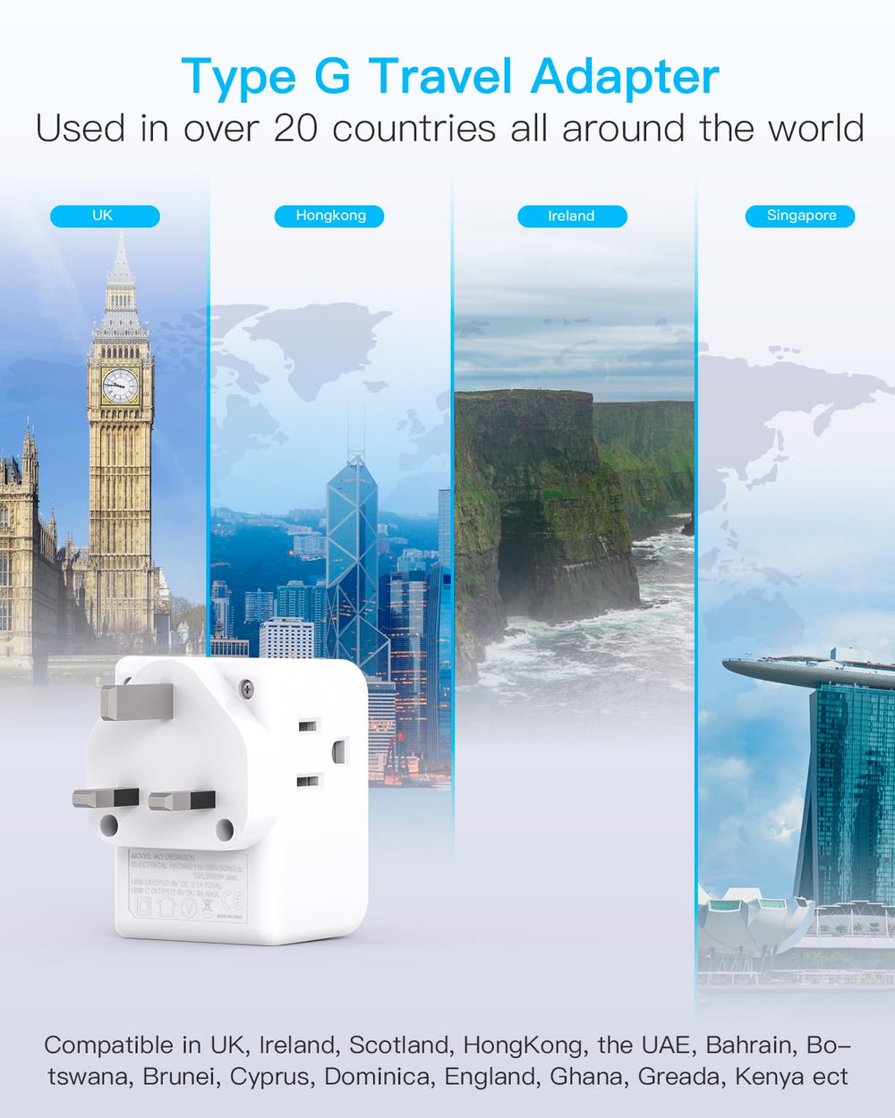 One Beat travel adapter in use with UK outlet in hotel room.