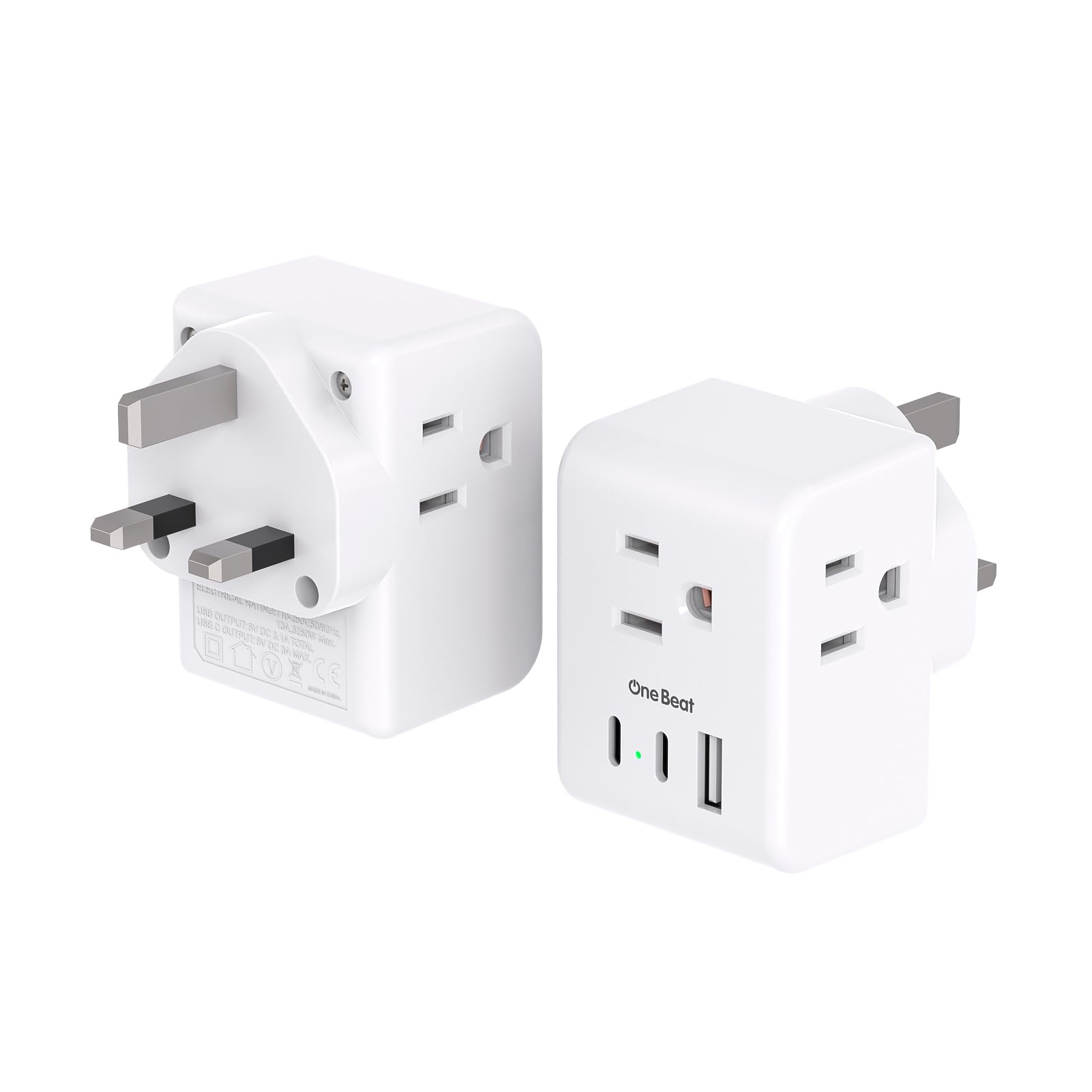 One Beat 2-Pack travel adapter front view, compact 6-in-1 design for UK connections.